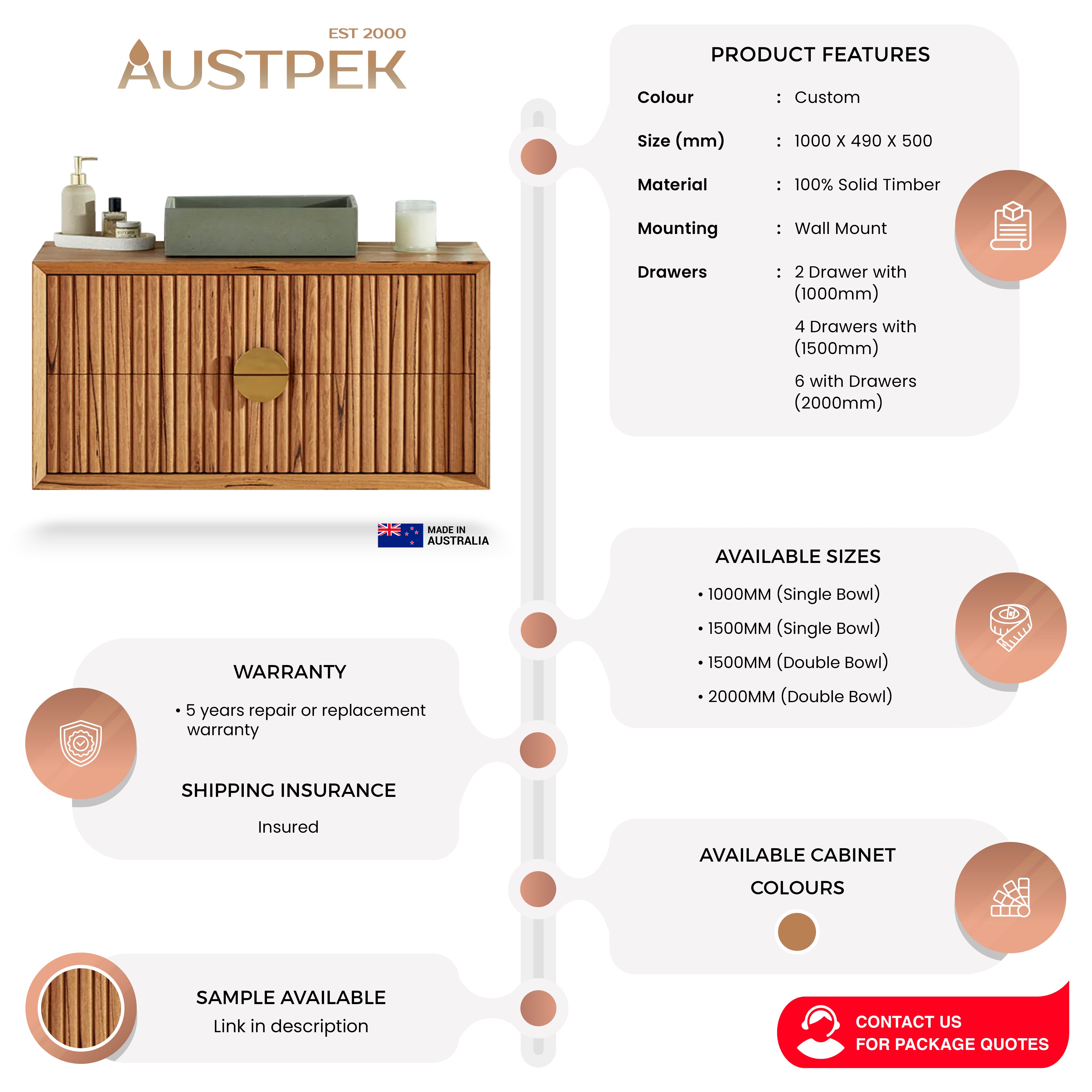 JR BESPOKE SPOKE SOLID TIMBER CUSTOM WALL HUNG VANITY (ALL SIZING)
