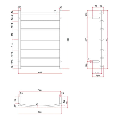 THERMOGROUP ROUND LADDER HEATED TOWEL RAIL MATTE BLACK 750MM