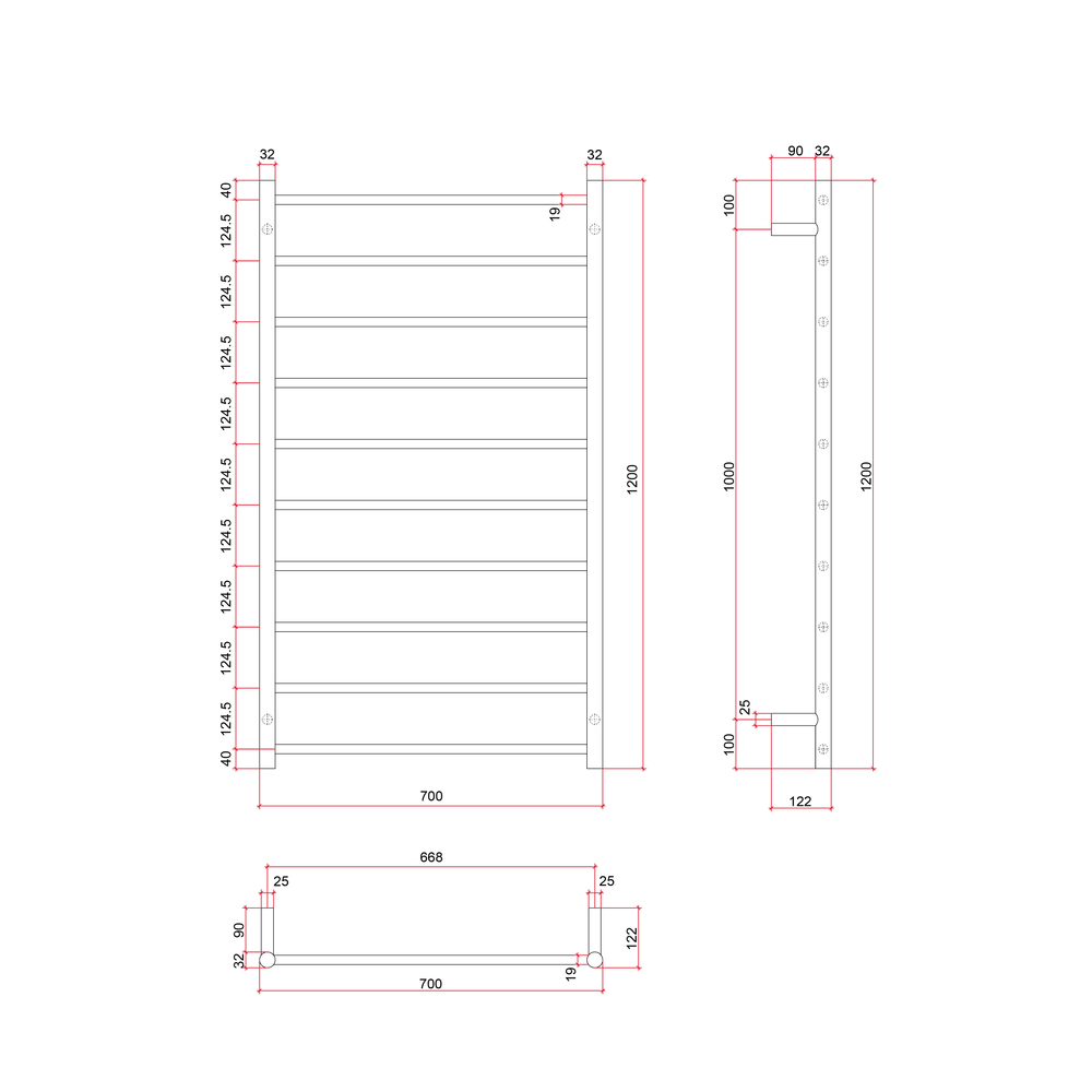 THERMOGROUP STRAIGHT ROUND HEATED LADDER RAIL BRUSHED BRASS 700MM