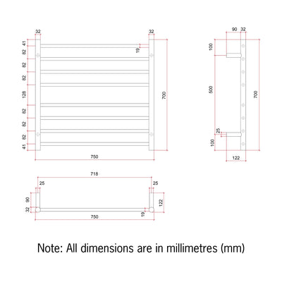 THERMOGROUP 8-BAR ROUND LADDER HEATED TOWEL RAIL BRUSHED STAINLESS STEEL 750MM