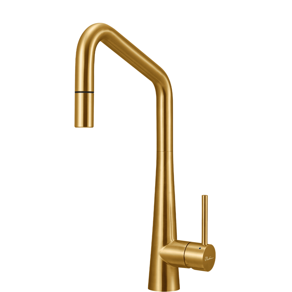 OLIVERI ESSENTE SQUARE GOOSE NECK PULL OUT KITCHEN MIXER 424MM BRUSHED GOLD
