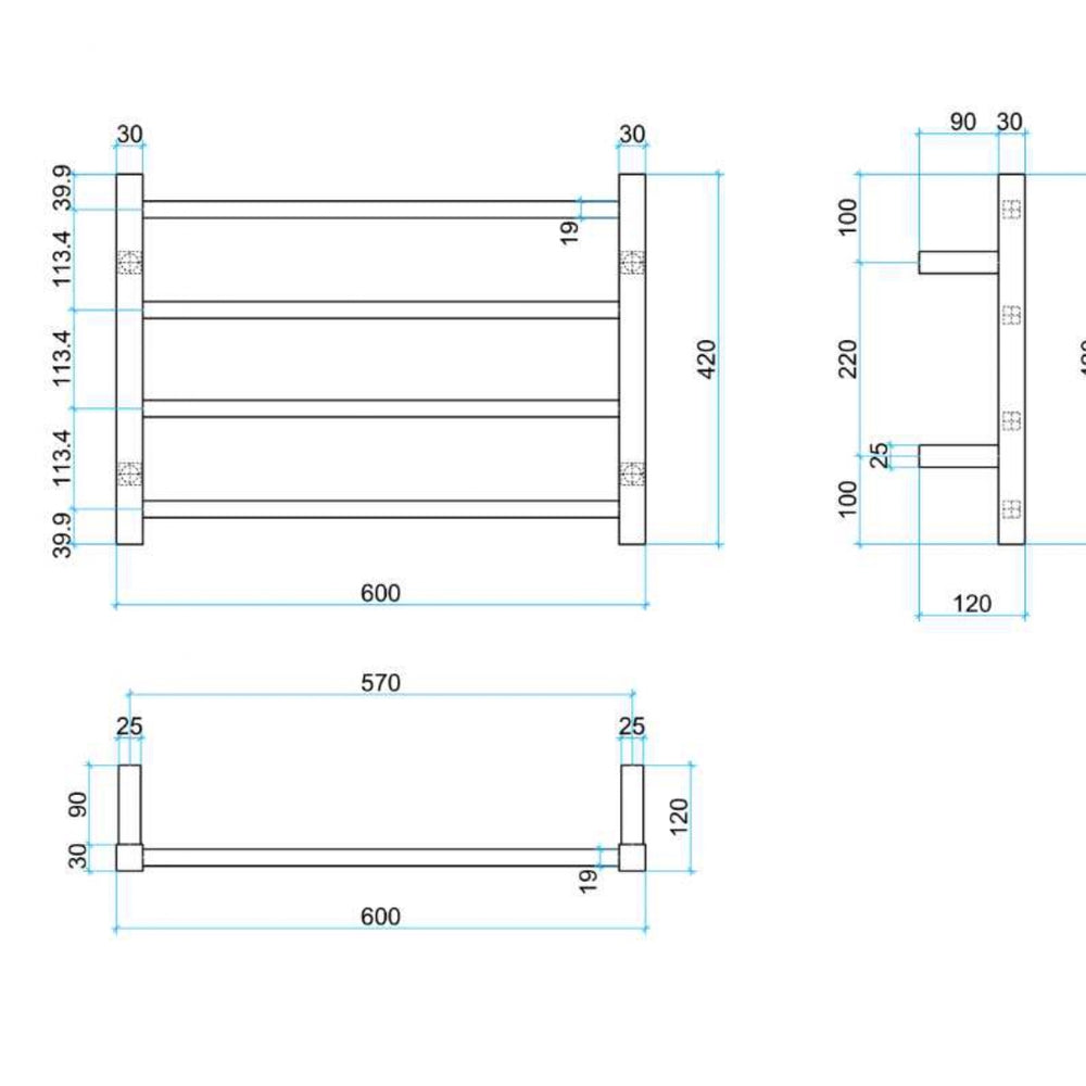 THERMOGROUP STRAIGHT SQUARE LADDER HEATED TOWEL RAIL 600MM