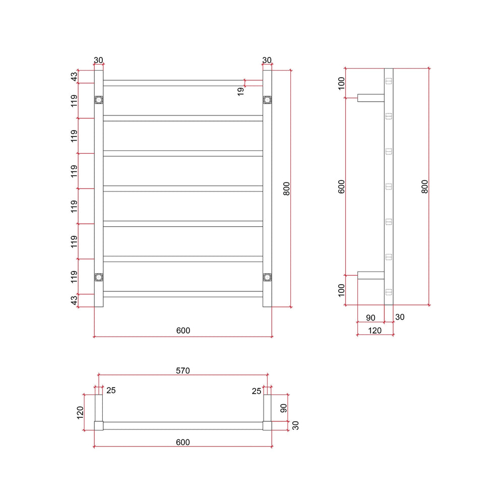 THERMOGROUP 7-BAR SQUARE LADDER HEATED TOWEL RAIL POLISHED STAINLESS STEEL 600MM