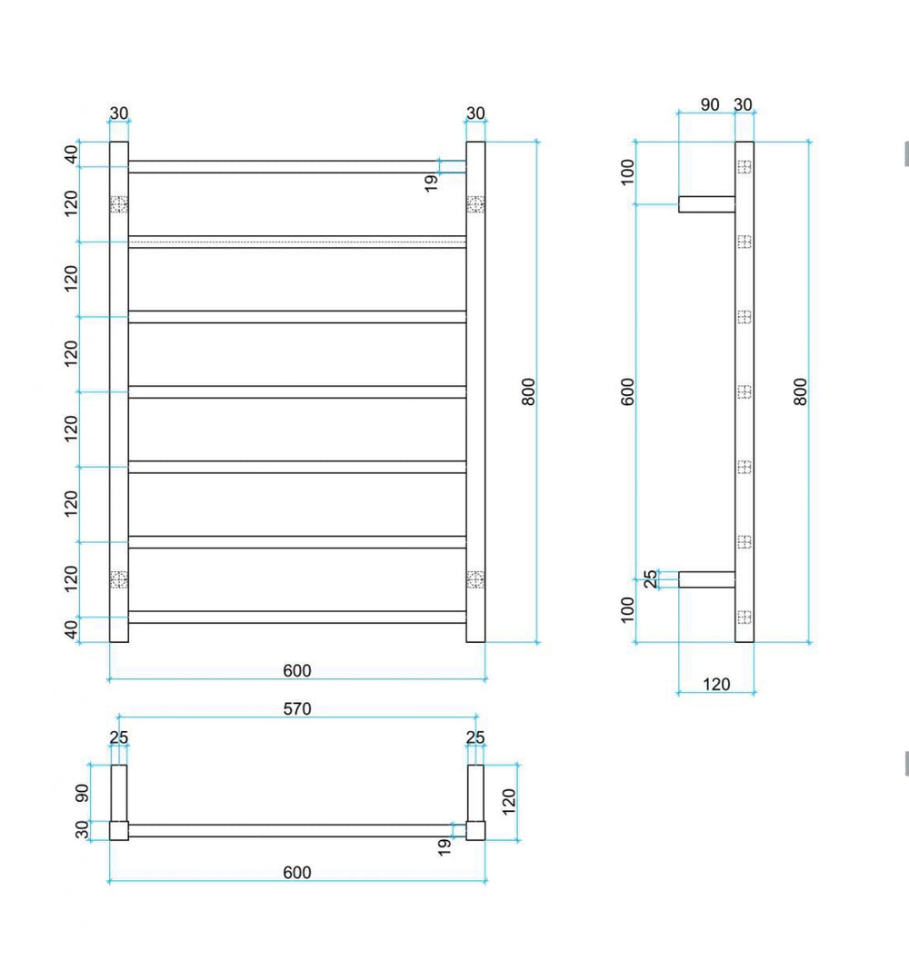 THERMOGROUP STRAIGHT SQUARE LADDER HEATED TOWEL RAIL 800MM