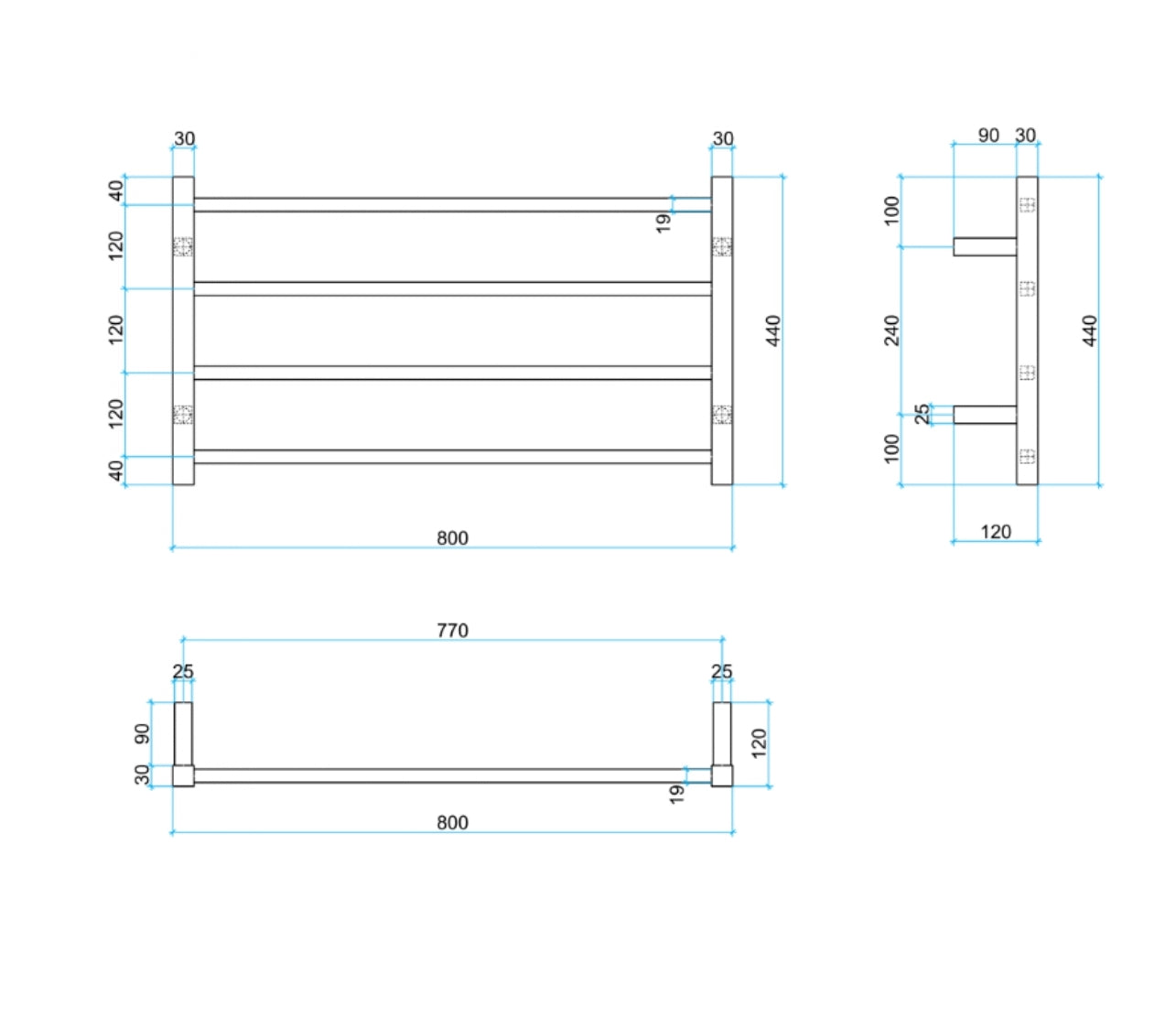 THERMOGROUP STRAIGHT SQUARE LADDER HEATED TOWEL RAIL 800MM