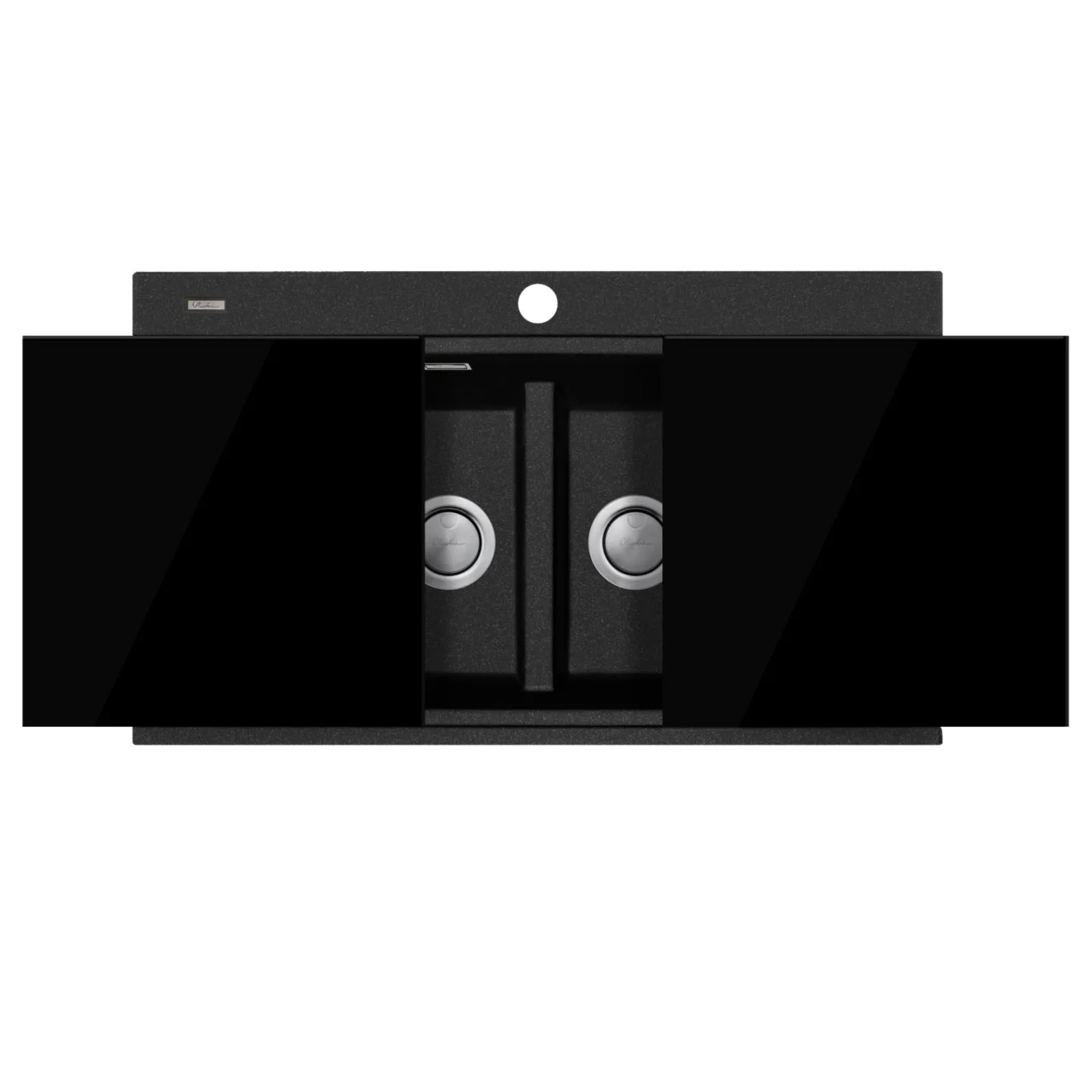 OLIVERI SANTORINI DOUBLE BOWL TOPMOUNT ALFRESCO AND KITCHEN SINK WITH GLASS TOP BLACK 860MM