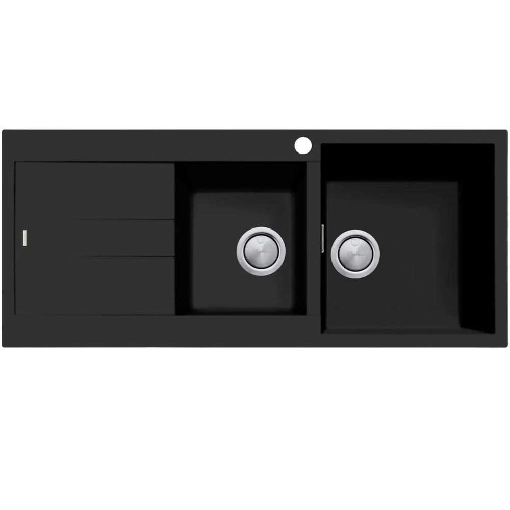 OLIVERI SANTORINI 1 & 3/4 BOWL TOPMOUNT ALFRESCO AND KITCHEN SINK WITH OVERFLOW & LEFT DRAINER MATTE BLACK 1160MM