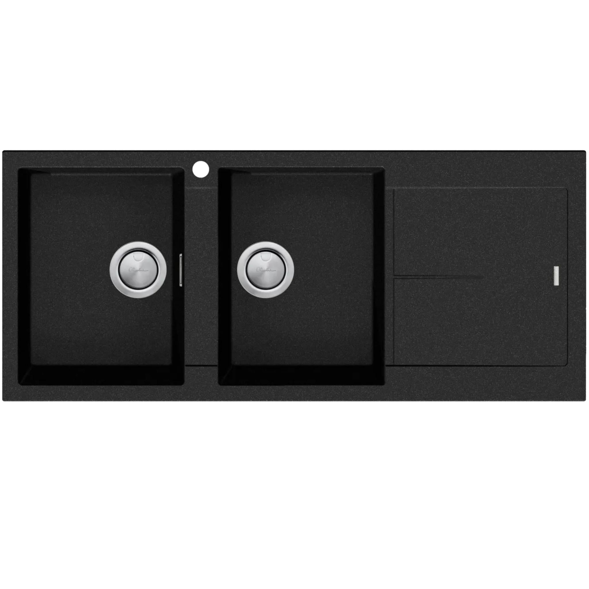 OLIVERI SANTORINI DOUBLE BOWL TOPMOUNT ALFRESCO AND KITCHEN SINK WITH OVERFLOW & RIGHT DRAINER MATTE BLACK 1160MM