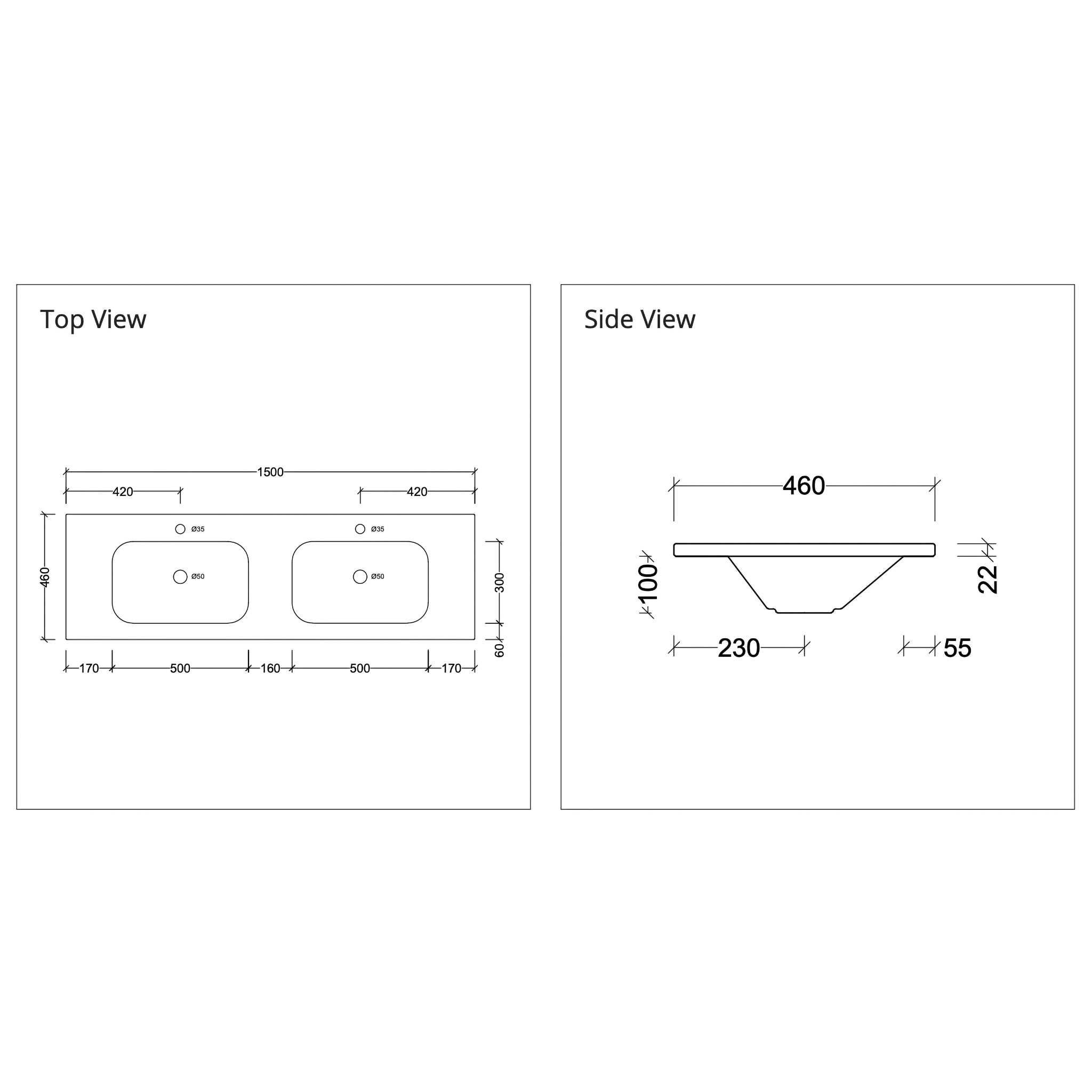 DUROCLASS STADIUM GLOSS WHITE DOUBLE BOWL UNDERMOUNT VANITY TOP (AVAILABLE IN 1500MM AND 1800MM)