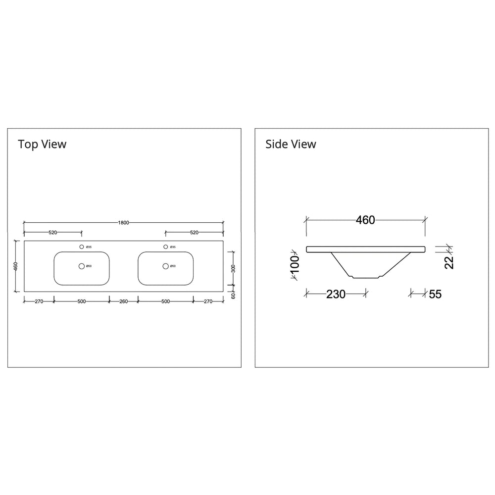 DUROCLASS STADIUM GLOSS WHITE DOUBLE BOWL UNDERMOUNT VANITY TOP (AVAILABLE IN 1500MM AND 1800MM)
