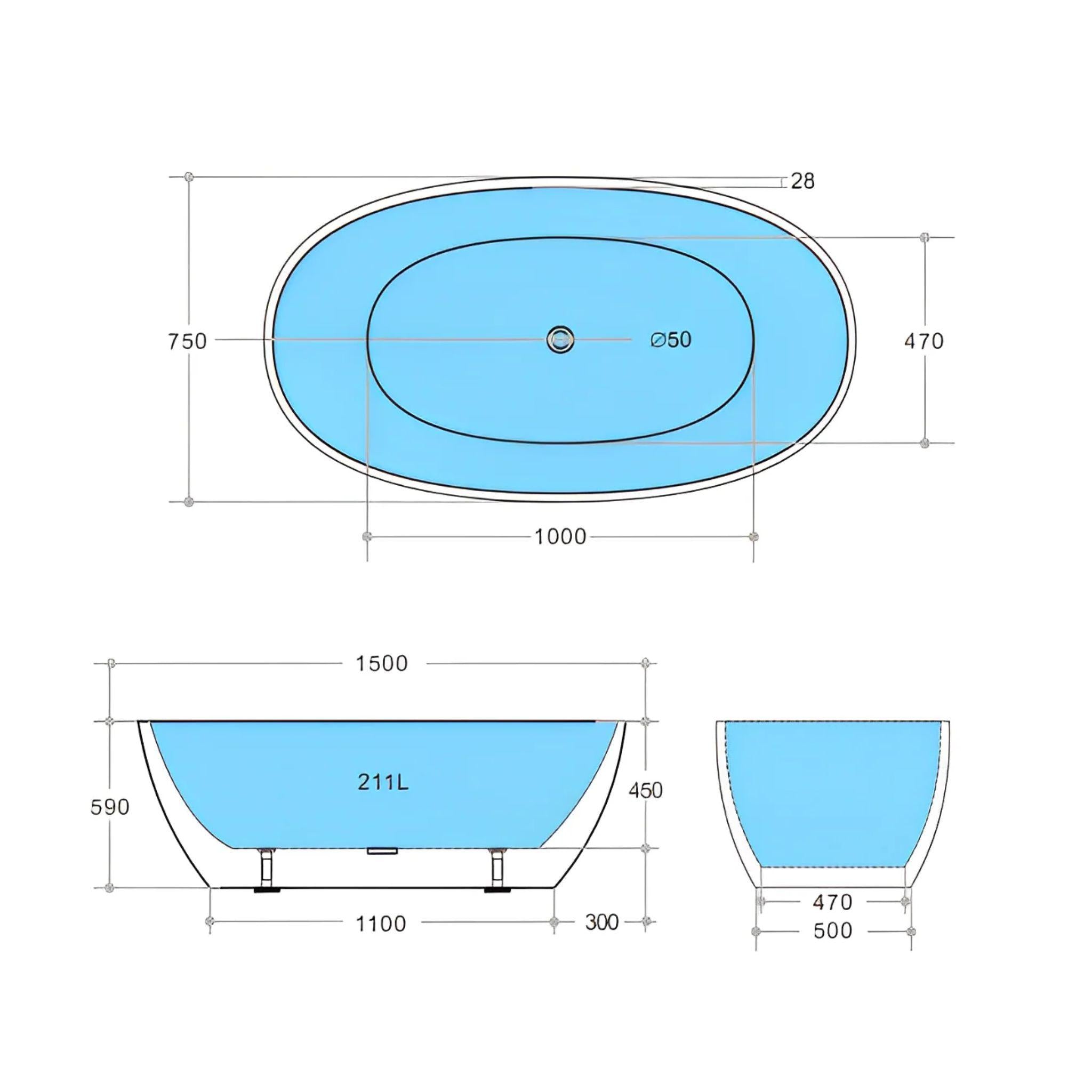 POSEIDON FREE STANDING MATTE BLACK BATHTUB 1500MM