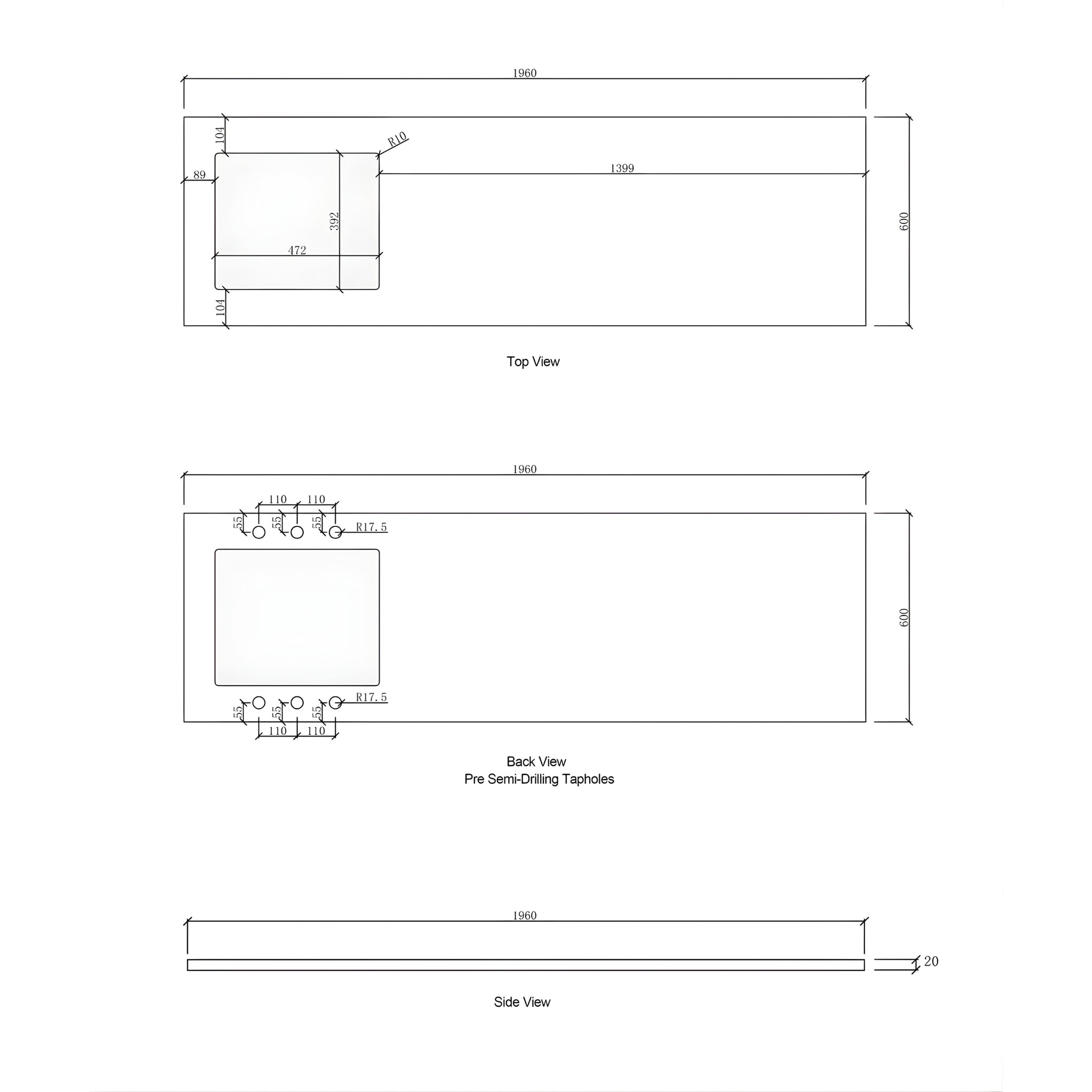 OTTI SOLID SURFACE PURE WHITE 1960MM LAUNDRY STONE TOP