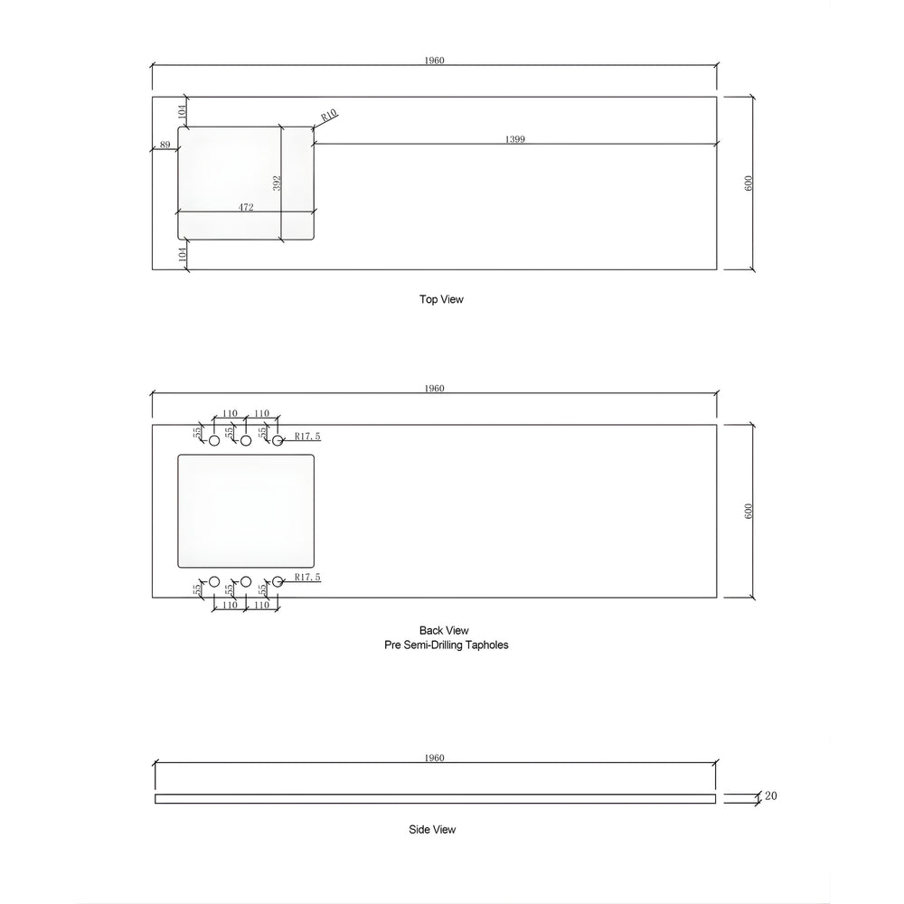 OTTI SOLID SURFACE PURE WHITE 1960MM LAUNDRY STONE TOP