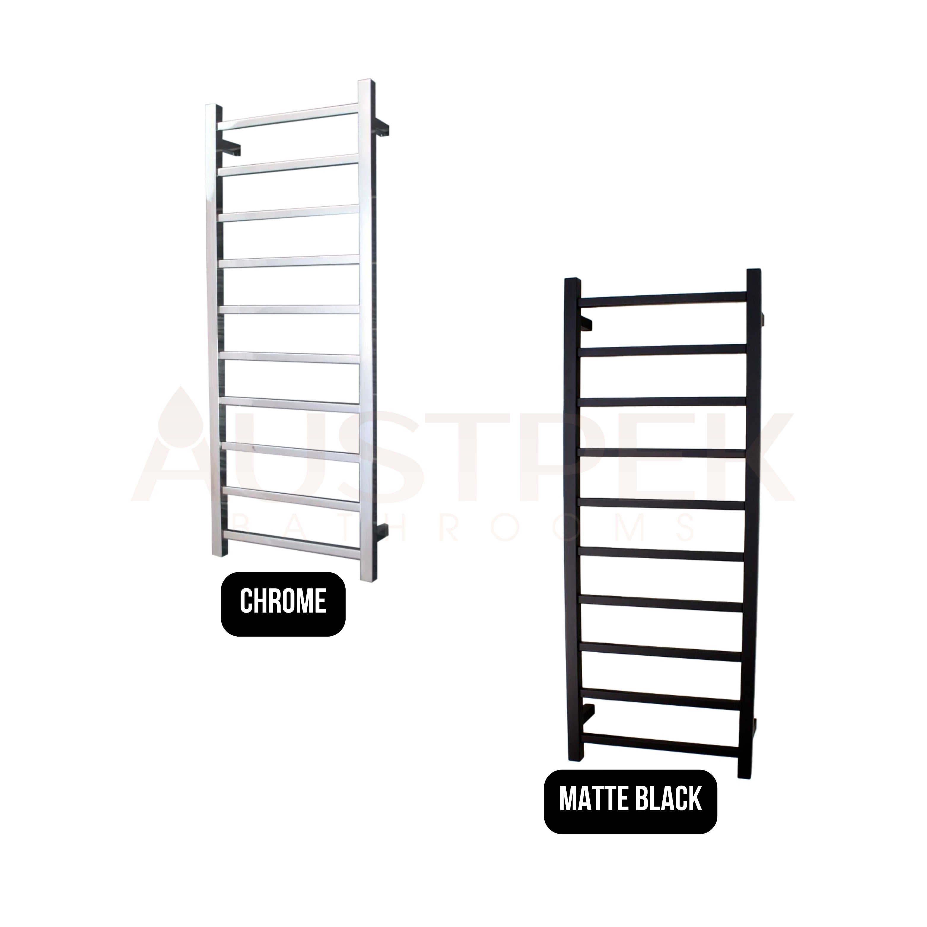 RADIANT HEATING 10-BARS SQUARE HEATED TOWEL RAIL MATTE BLACK 80WATTS 430MM