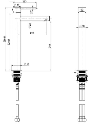 MODERN NATIONAL STAR MINI HIGH RISE TALL BASIN MIXER 308MM GUN METAL