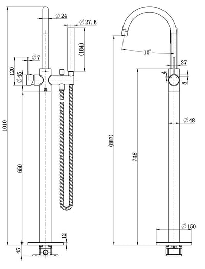MODERN NATIONAL STAR MINI FREESTANDING BATH MIXER WITH HAND SHOWER 1010MM GUN METAL