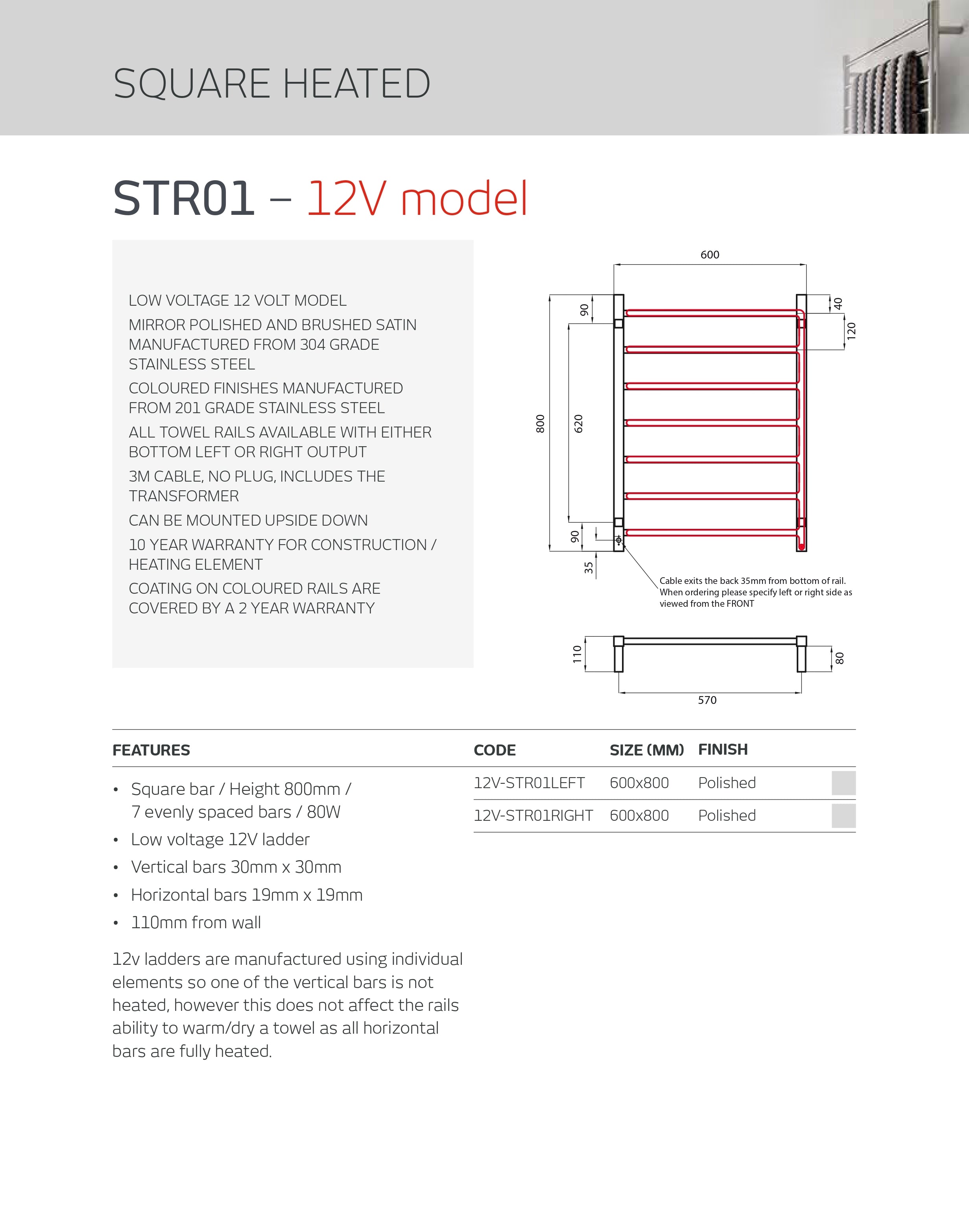 RADIANT HEATING 7-BARS SQUARE HEATED TOWEL RAIL LOW VOLTAGE CHROME 600MM