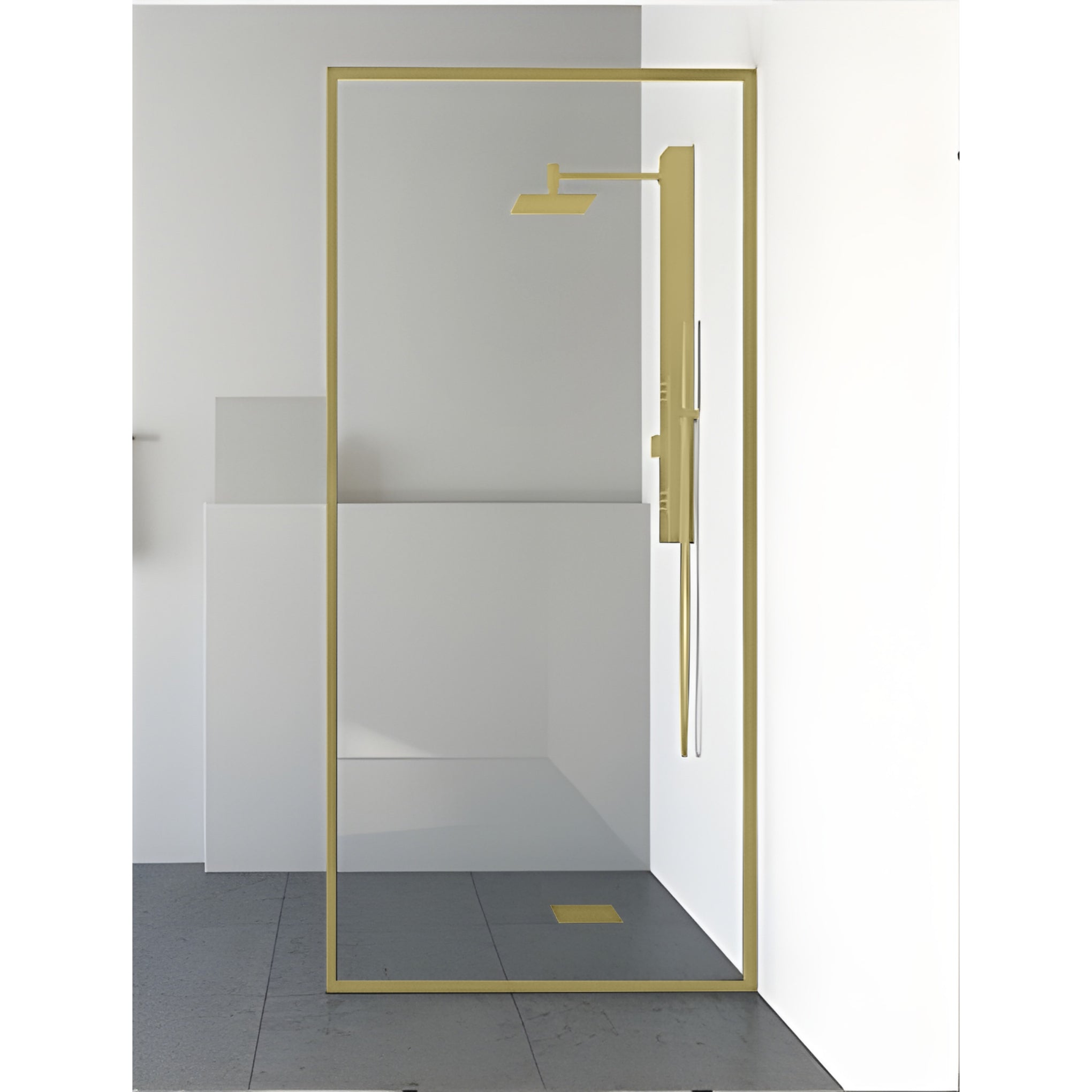 COVEY FRAMED WALK IN SINGLE PANEL WITH SUPPORT BAR SHOWER SCREEN LIGHT GOLD