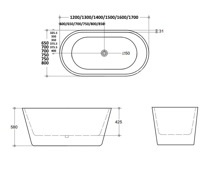 RIVA SHANTY FREESTANDING BATHTUB GLOSS WHITE (AVAILABLE IN 1200MM, 1300MM, 1400MM, 1500MM, 1600MM AND 1700MM)