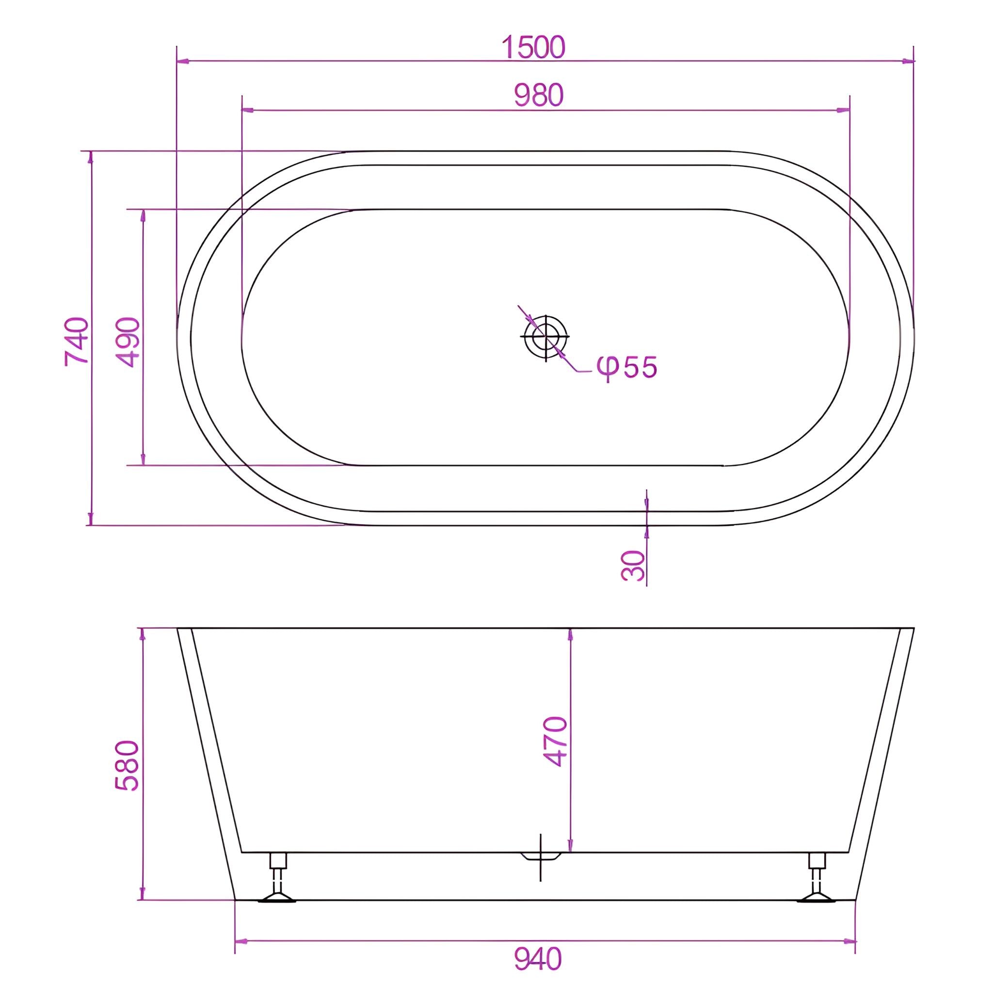 RIVA SHANTY FREESTANDING BATHTUB GLOSS WHITE (AVAILABLE IN 1200MM, 1300MM, 1400MM, 1500MM, 1600MM AND 1700MM)