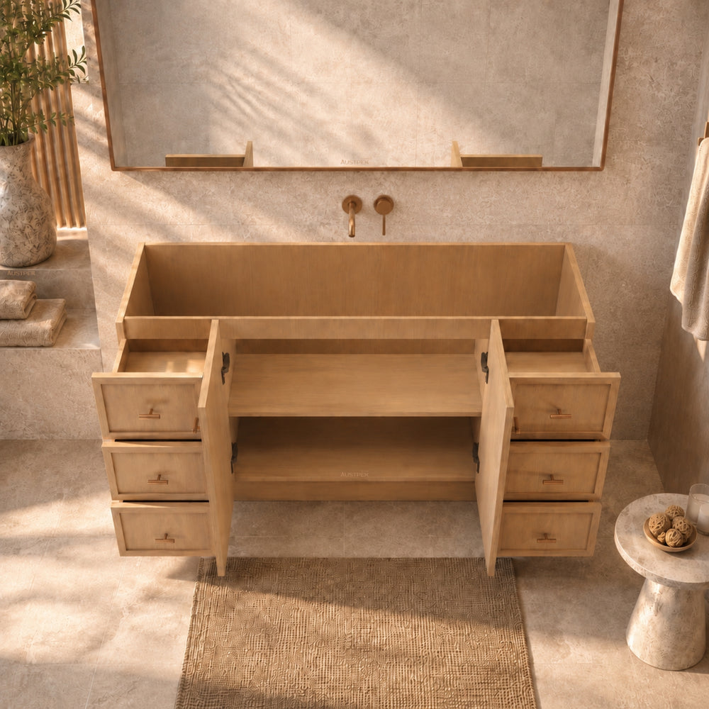 RIVA TOFINO COASTAL OAK 1500MM SINGLE BOWL FLOOR STANDING VANITY WITH KICKBOARD