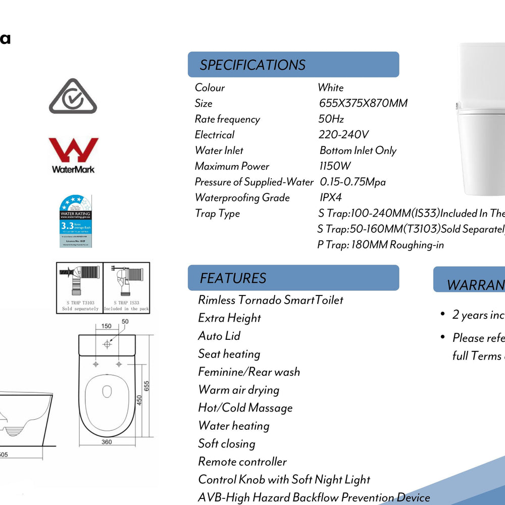 LAFEME THEA LUXURY VEGA RIMLESS BACK TO WALL TORNADO SMART TOILET W/ AUTOLID WHITE