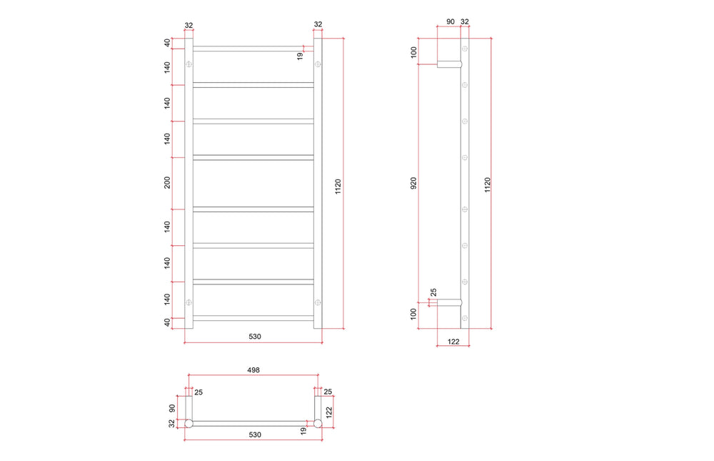 THERMOGROUP 8-BAR ROUND LADDER HEATED TOWEL RAIL POLISHED STAINLESS STEEL 530MM