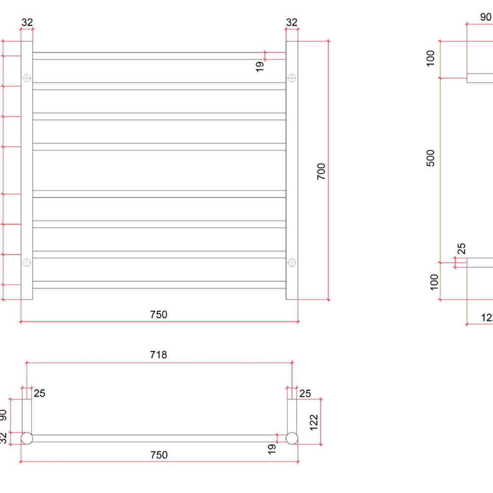THERMOGROUP 8-BAR ROUND LADDER HEATED TOWEL RAIL POLISHED STAINLESS STEEL 750MM