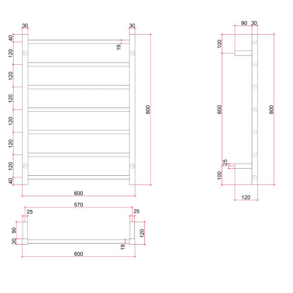 THERMOGROUP 7-BAR SQUARE LADDER HEATED TOWEL RAIL BRUSHED STAINLESS STEEL 600MM