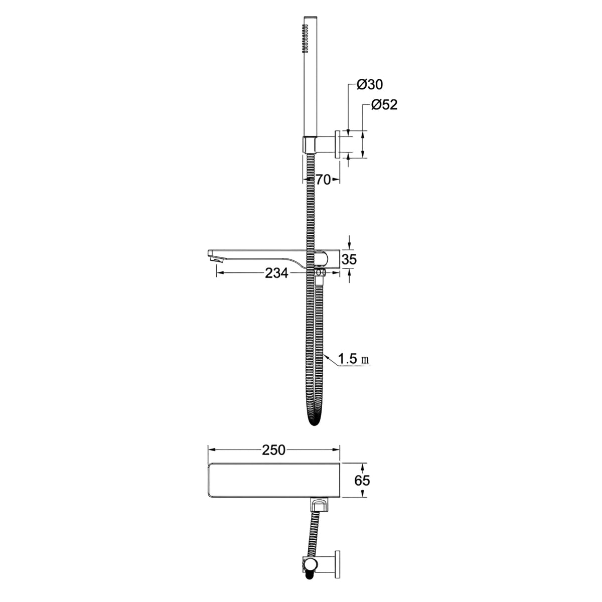 Linsol Tara Bath Spout with Diverter and Hand Shower 234mm Matte Black - Technical Drawing