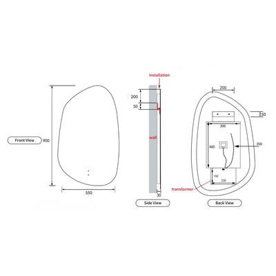 AULIC TARCOOLA ASYMMETRICAL FRAMELESS LED MIRROR 3 COLOUR LIGHTS 550X900MM
