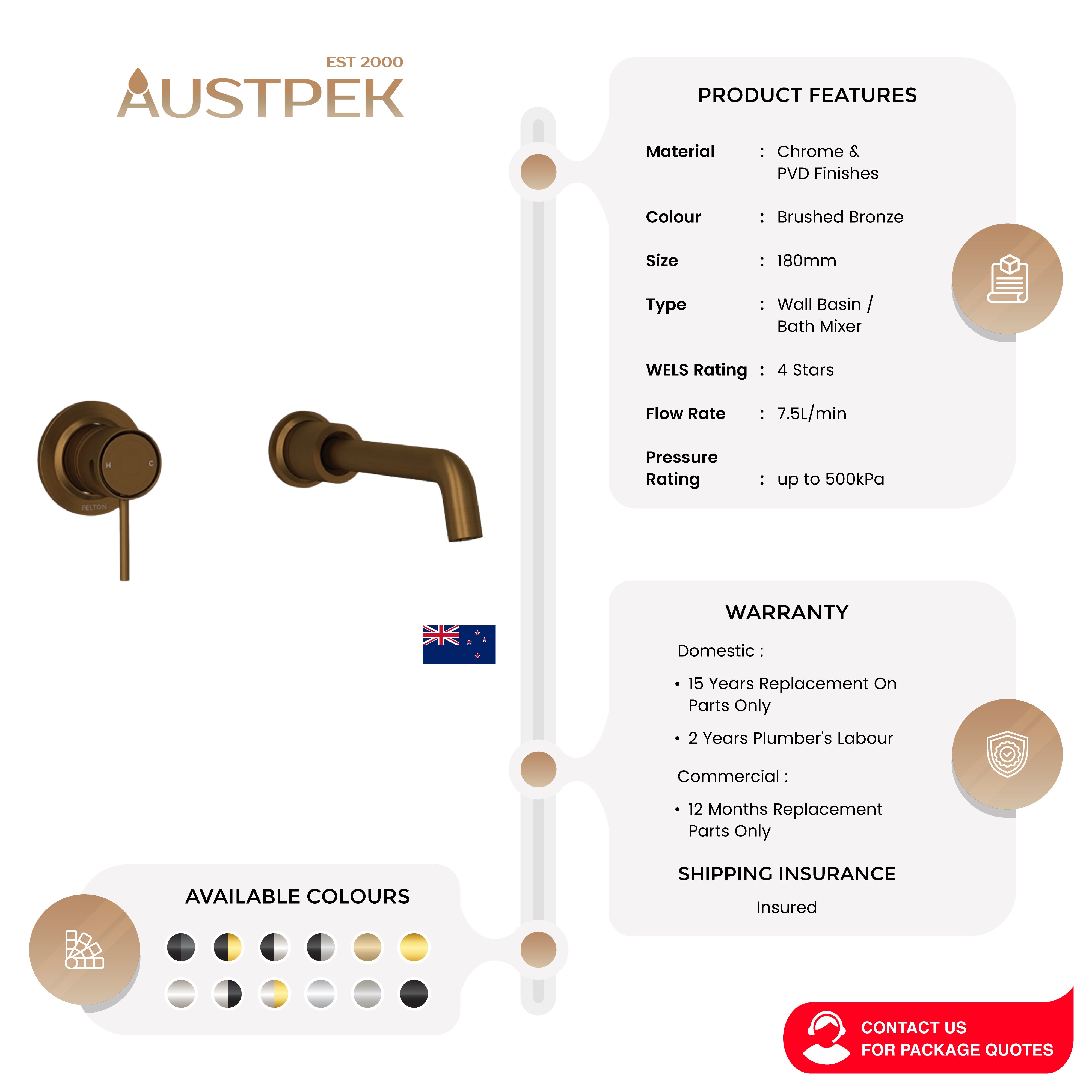 FELTON TATE WALL MOUNTED BASIN / BATH MIXER 180MM BRUSHED BRONZE