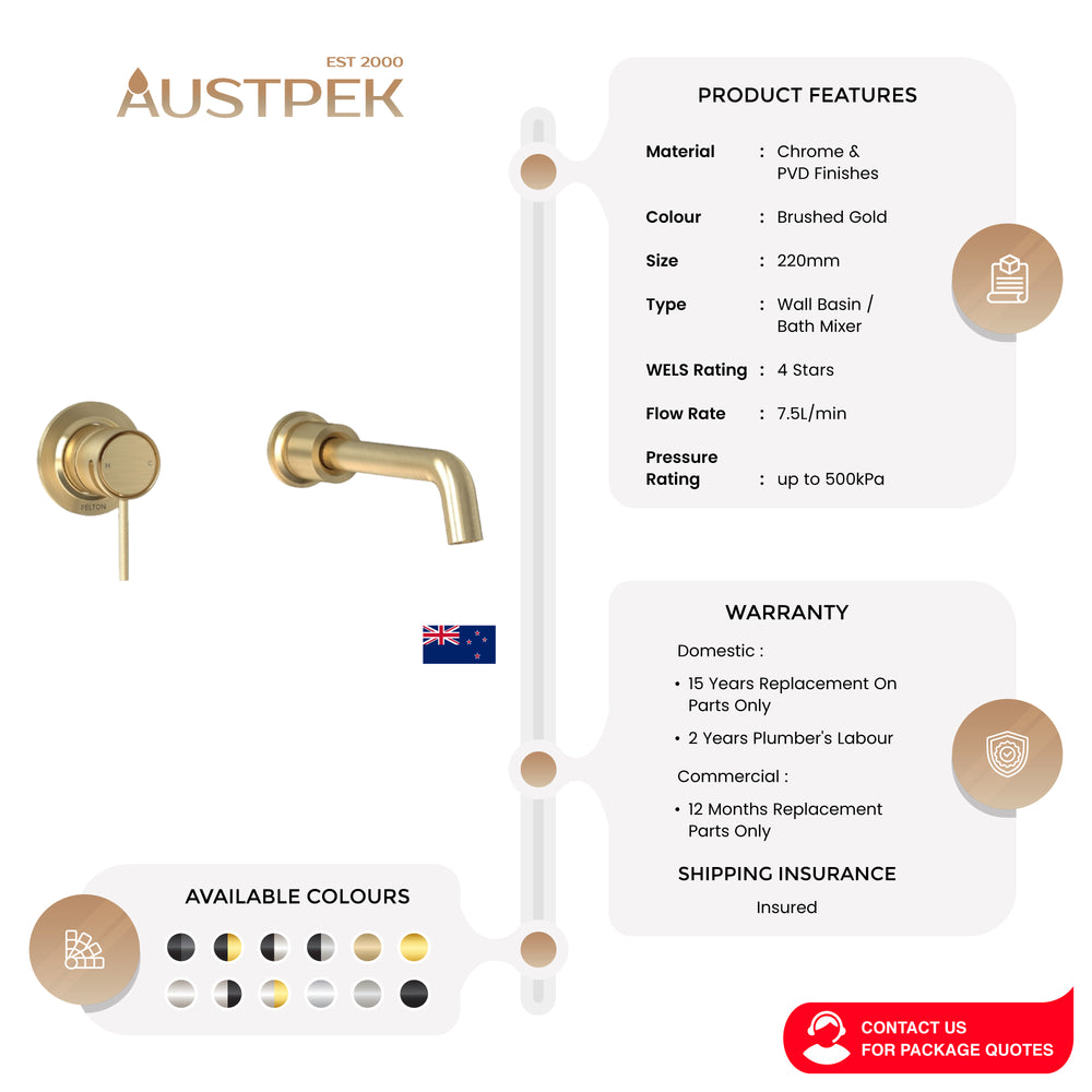 FELTON TATE WALL MOUNTED BASIN / BATH MIXER 220MM BRUSHED GOLD