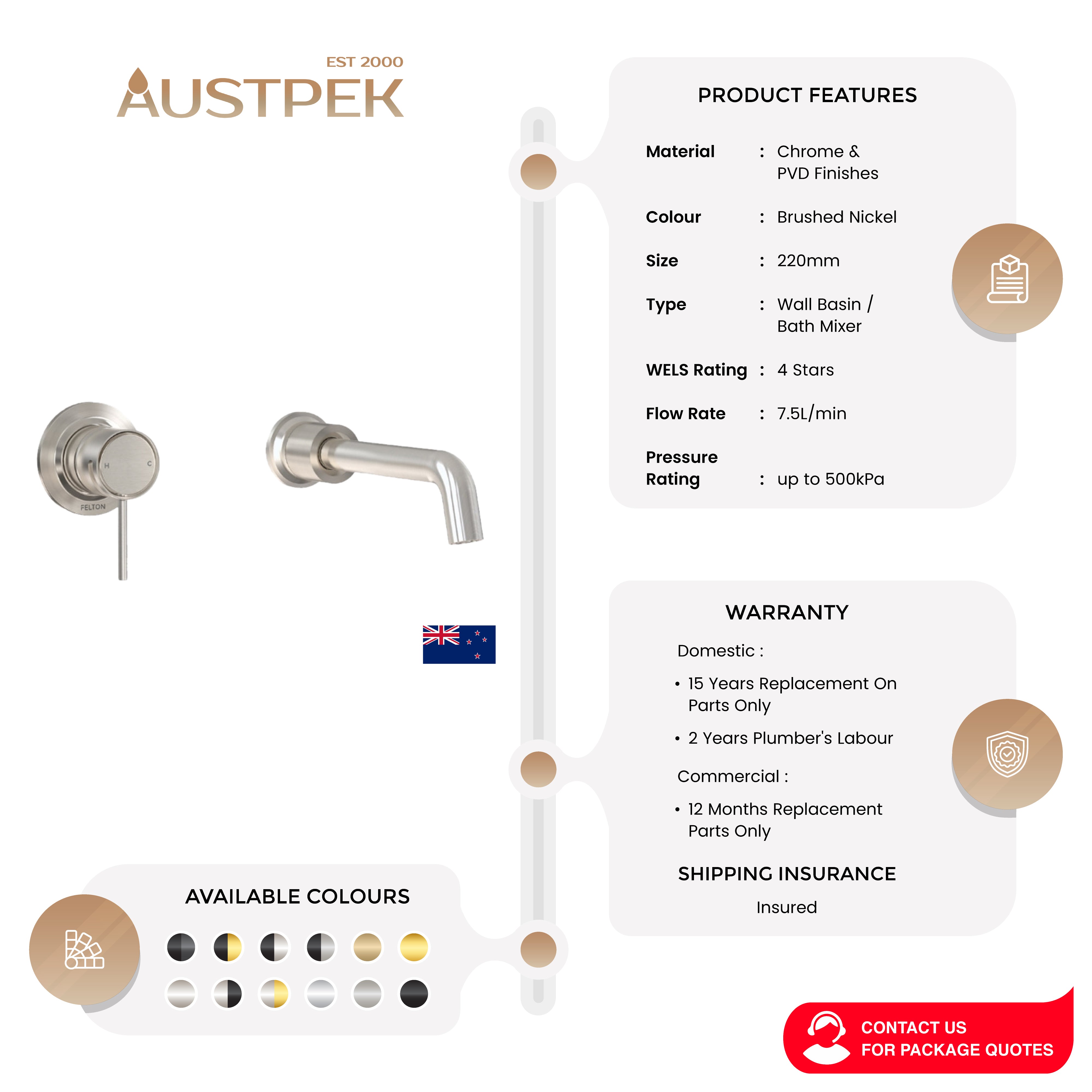 FELTON TATE WALL MOUNTED BASIN / BATH MIXER 220MM BRUSHED NICKEL