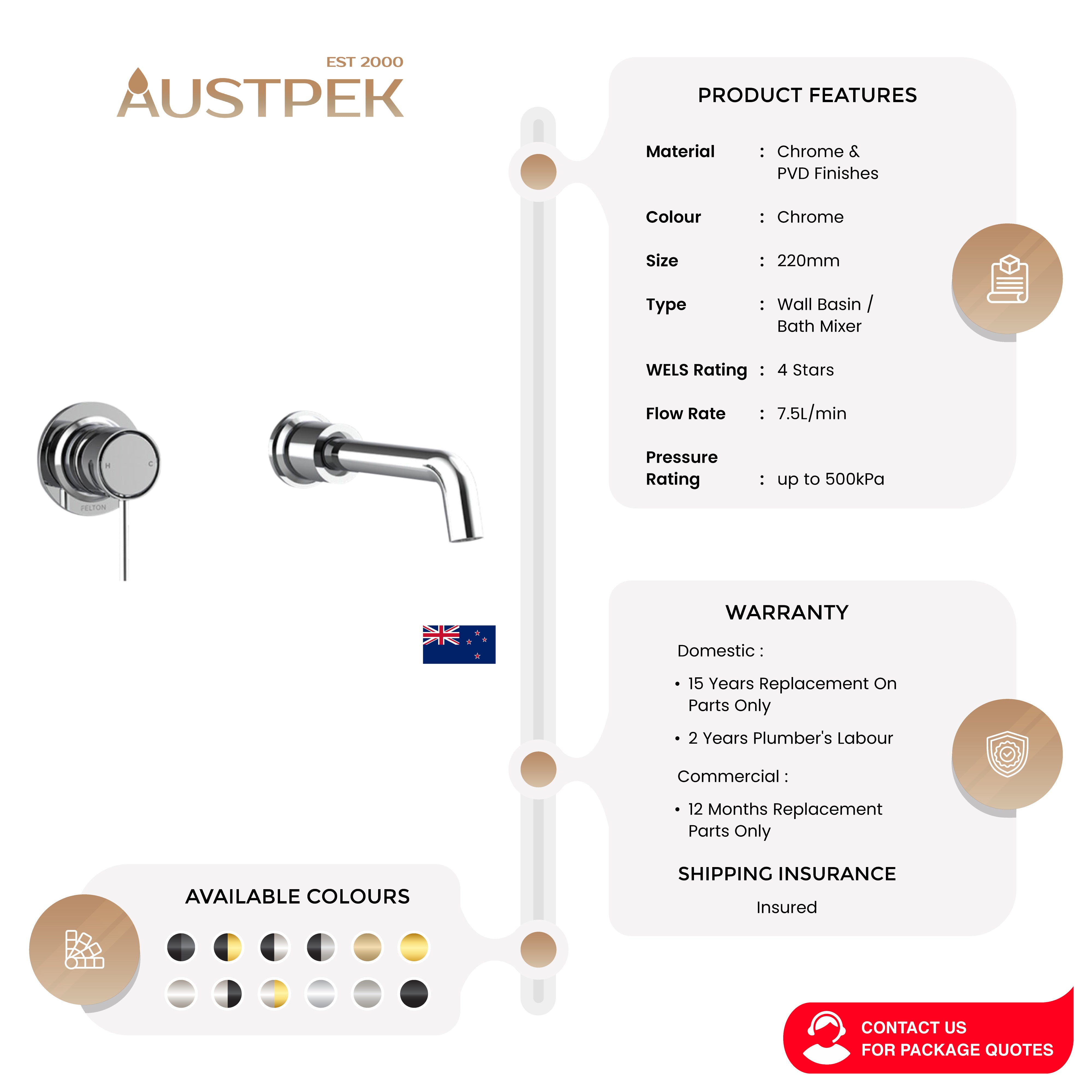 FELTON TATE WALL MOUNTED BASIN / BATH MIXER 220MM CHROME