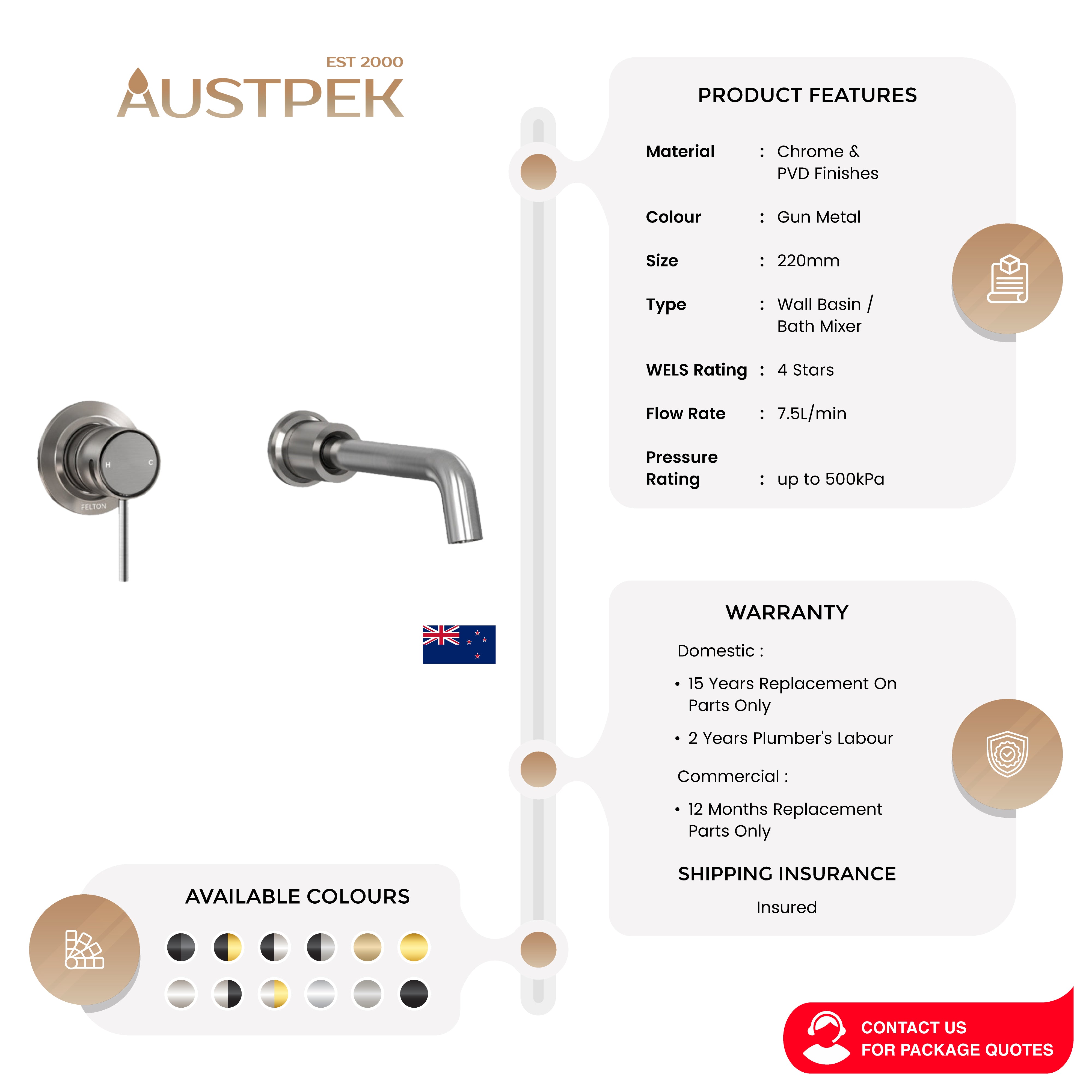 FELTON TATE WALL MOUNTED BASIN / BATH MIXER 220MM GUN METAL