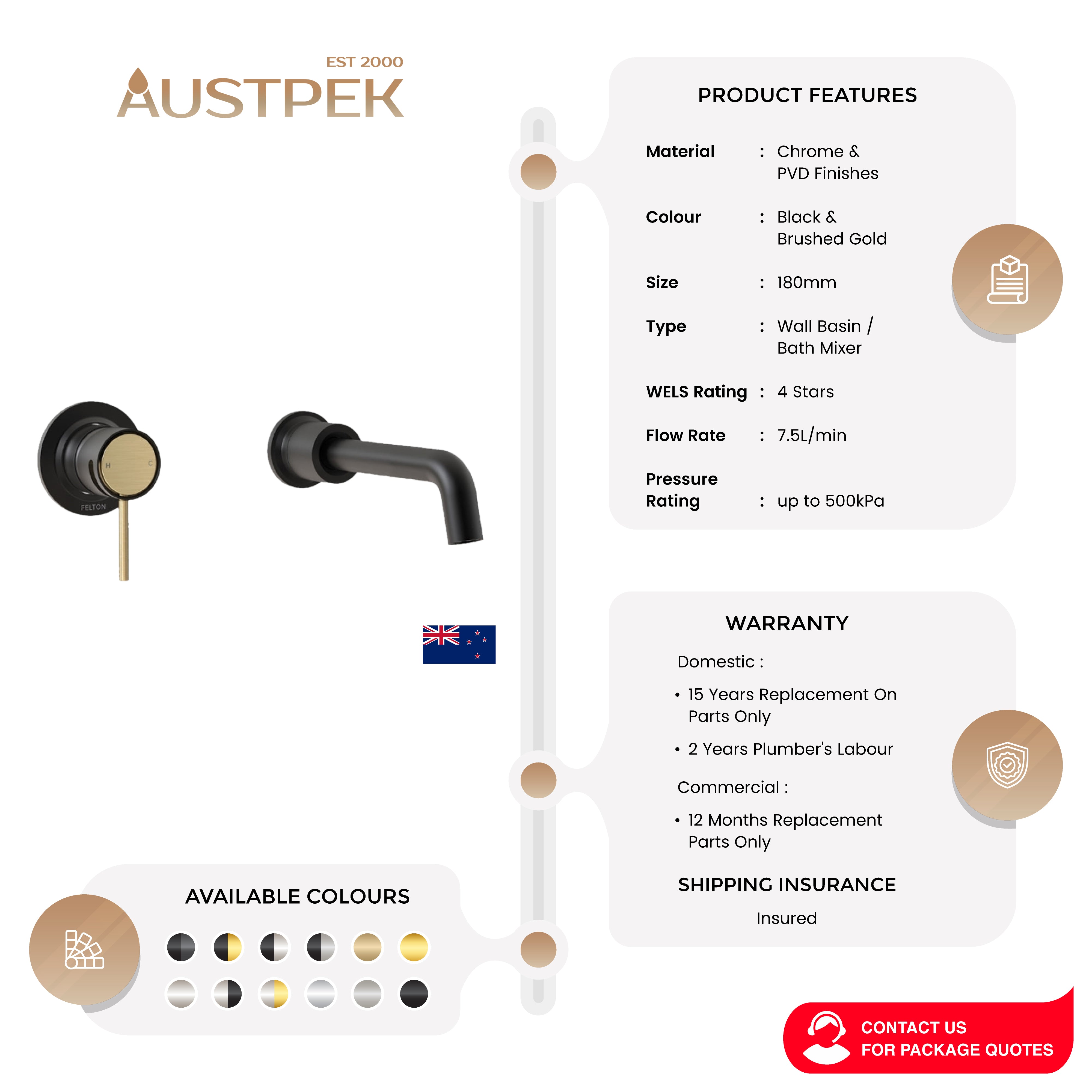 FELTON TATE WALL MOUNTED BASIN / BATH MIXER 180MM BLACK AND BRUSHED GOLD