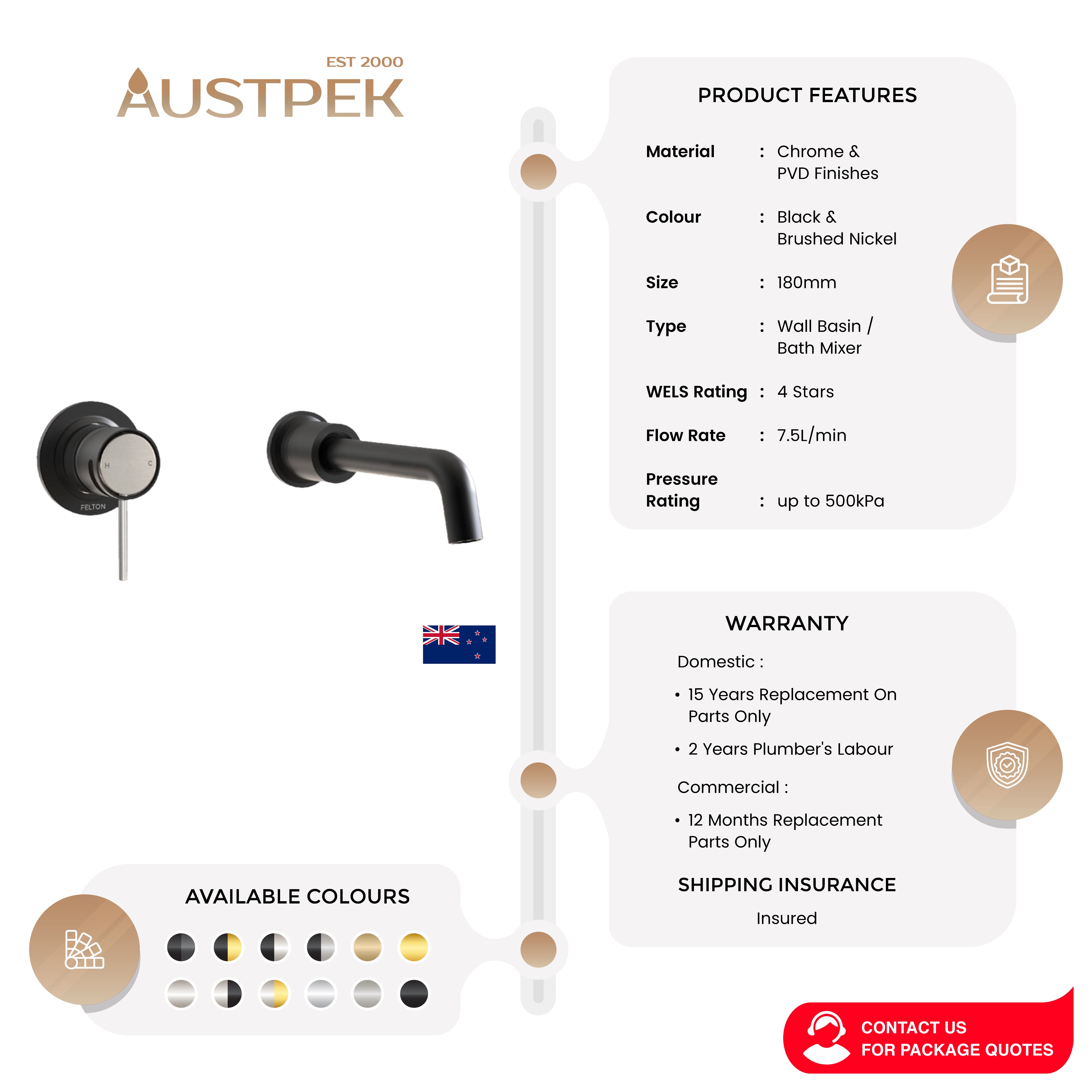 FELTON TATE WALL MOUNTED BASIN / BATH MIXER 180MM BLACK AND BRUSHED NICKEL