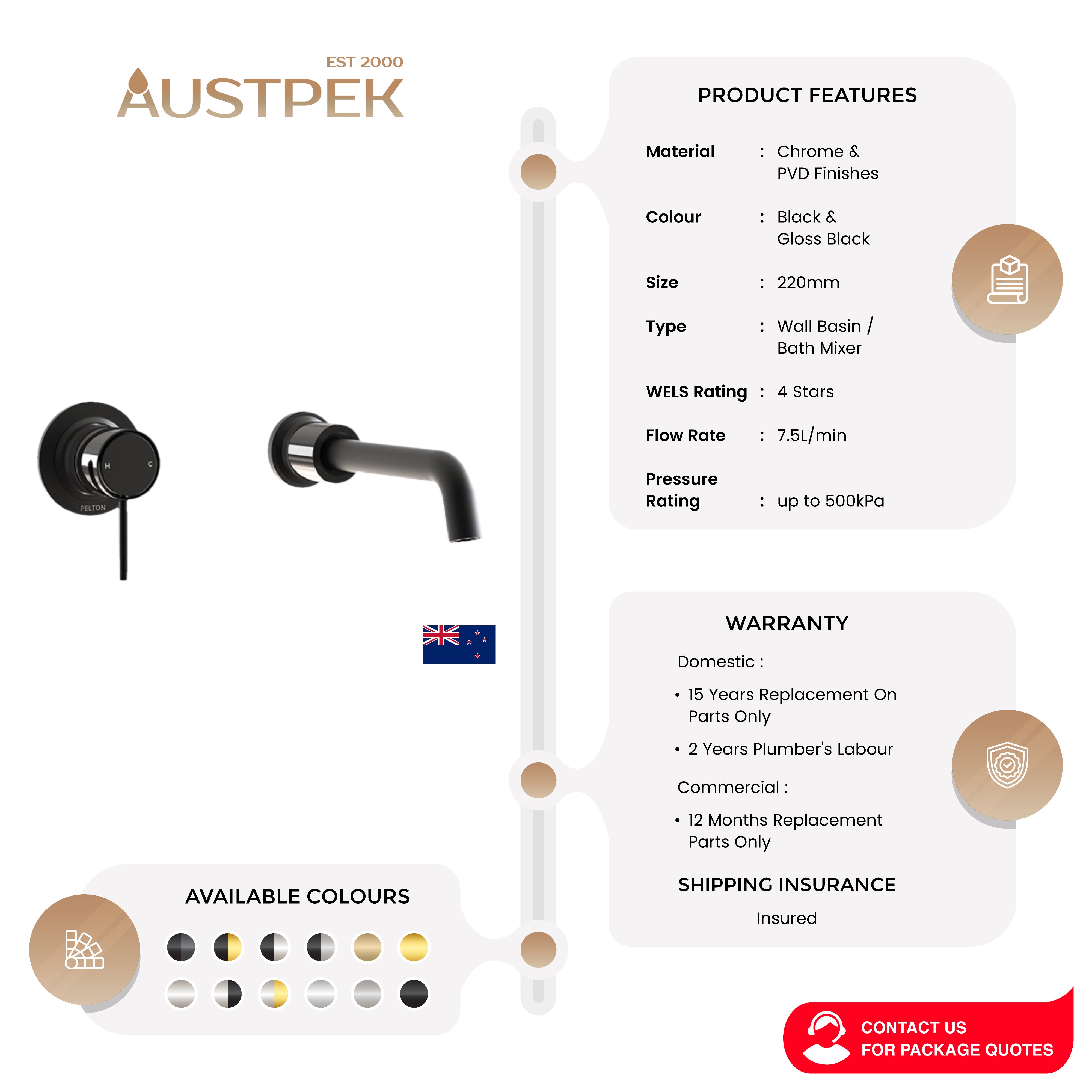 FELTON TATE WALL MOUNTED BASIN / BATH MIXER 220MM BLACK AND GLOSS BLACK