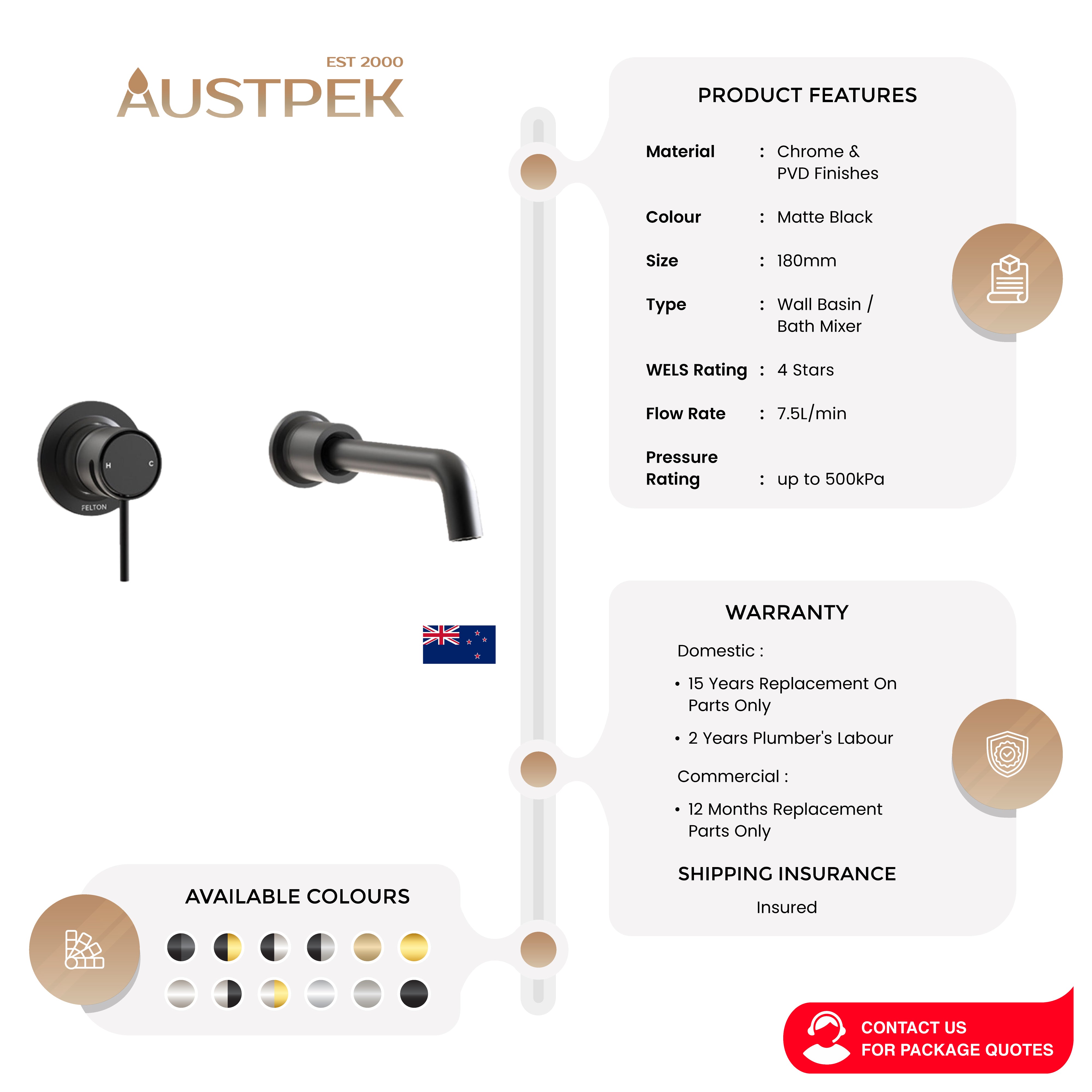 FELTON TATE WALL MOUNTED BASIN / BATH MIXER 180MM MATTE BLACK