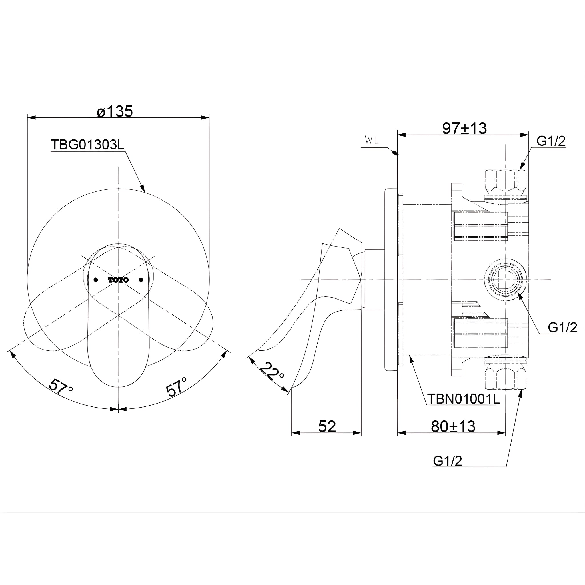 TOTO GA WALL MIXER FULL KIT 135MM BRUSHED NICKEL
