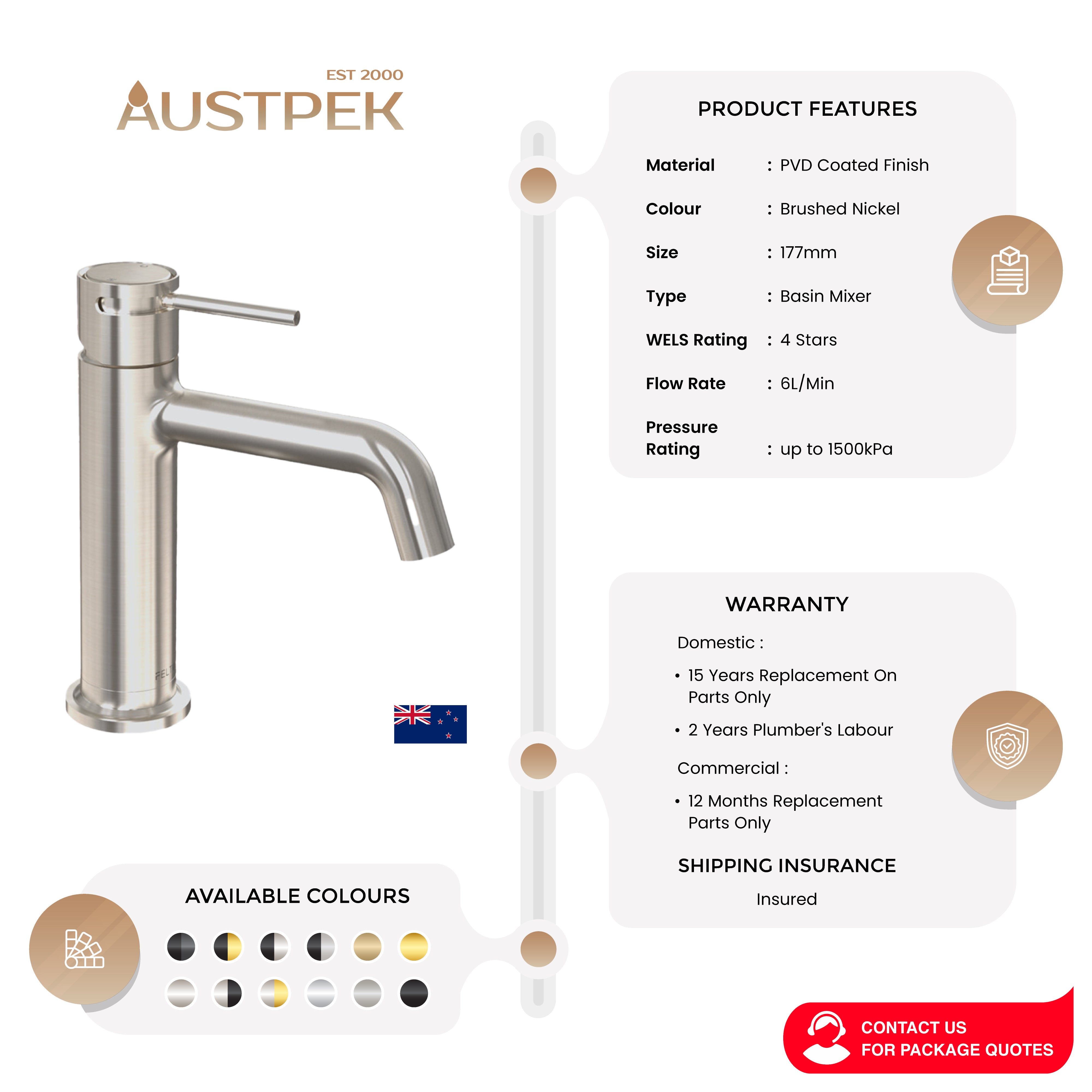 FELTON TATE BASIN MIXER 177MM BRUSHED NICKEL