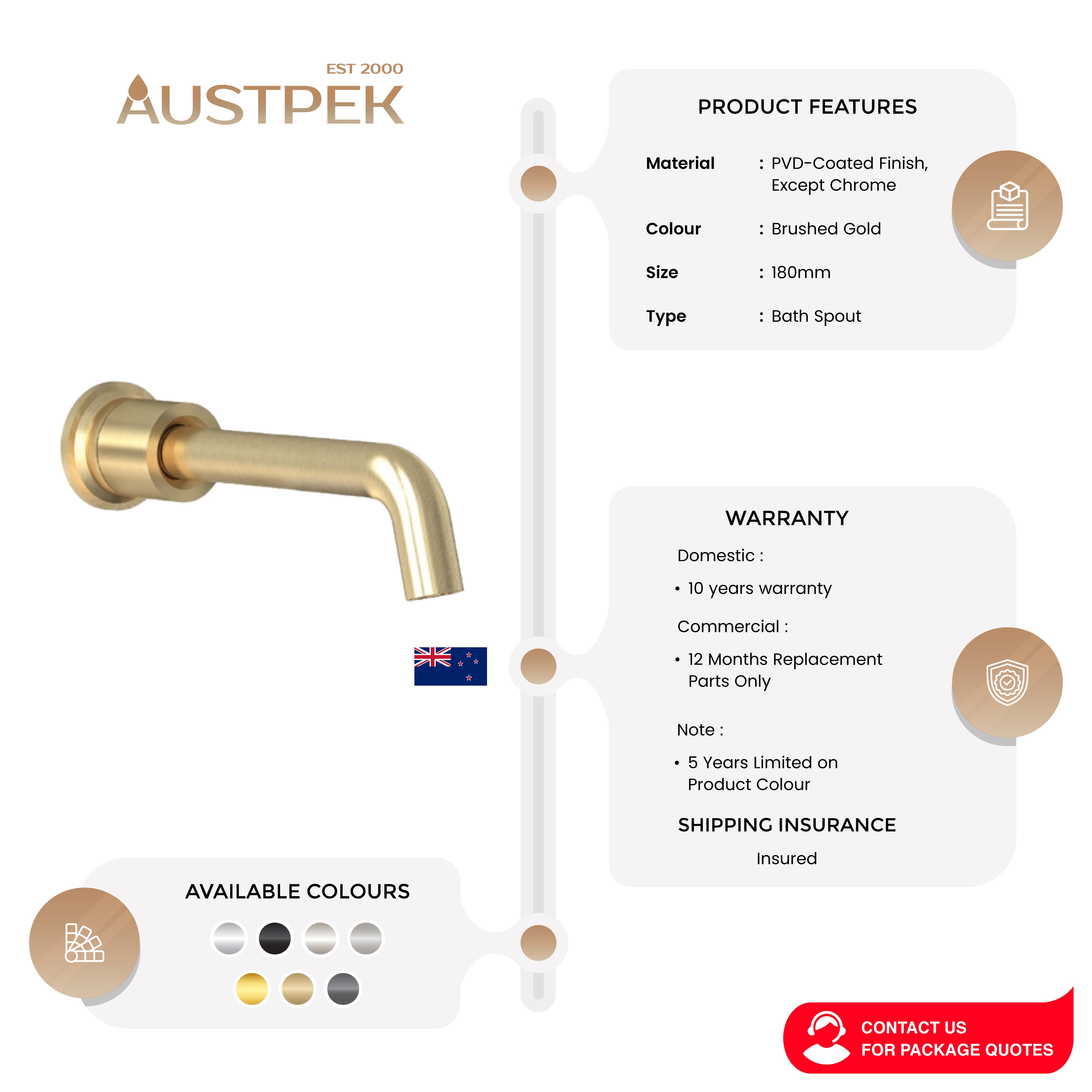 FELTON TATE WALL MOUNTED SPOUT 180MM BRUSHED GOLD