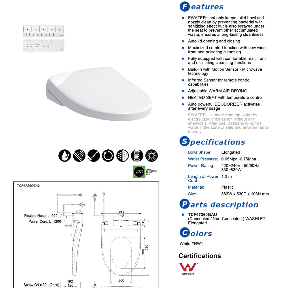 TOTO S7 WASHLET WITH REMOTE CONTROL AND AUTOLID ELONGATED GLOSS WHITE