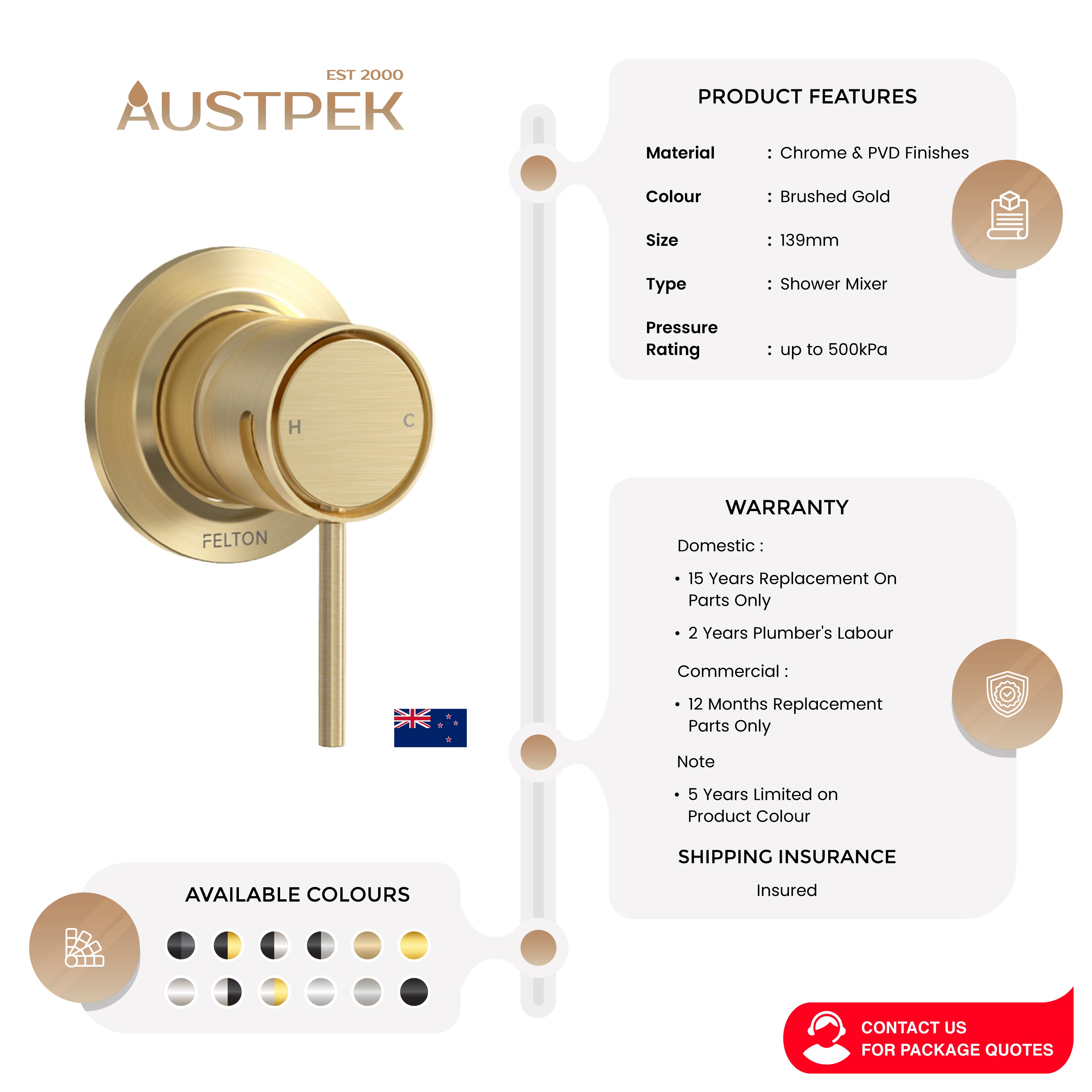 FELTON TATE SHOWER MIXER BRUSHED GOLD