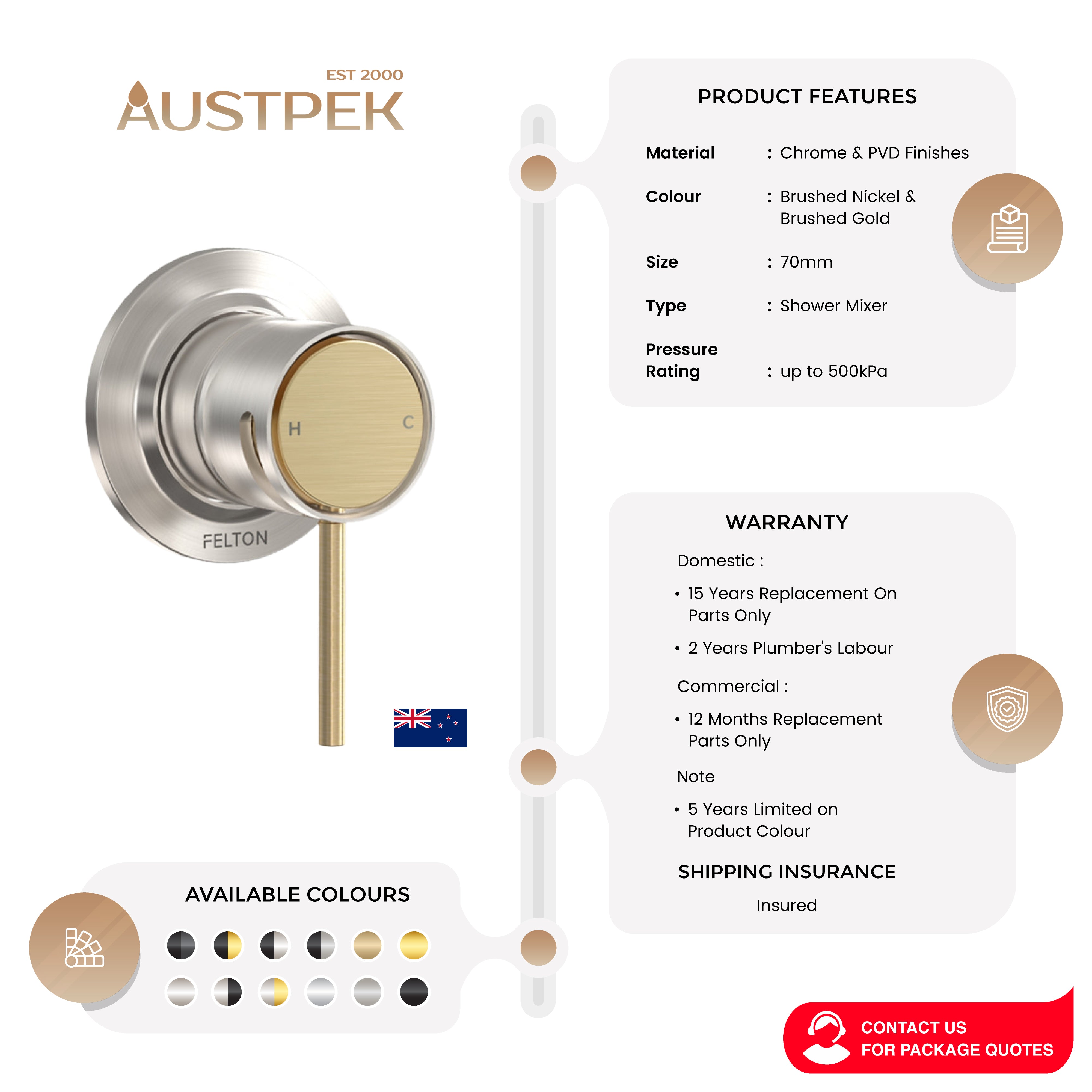 FELTON TATE SHOWER MIXER BRUSHED NICKEL AND BRUSHED GOLD