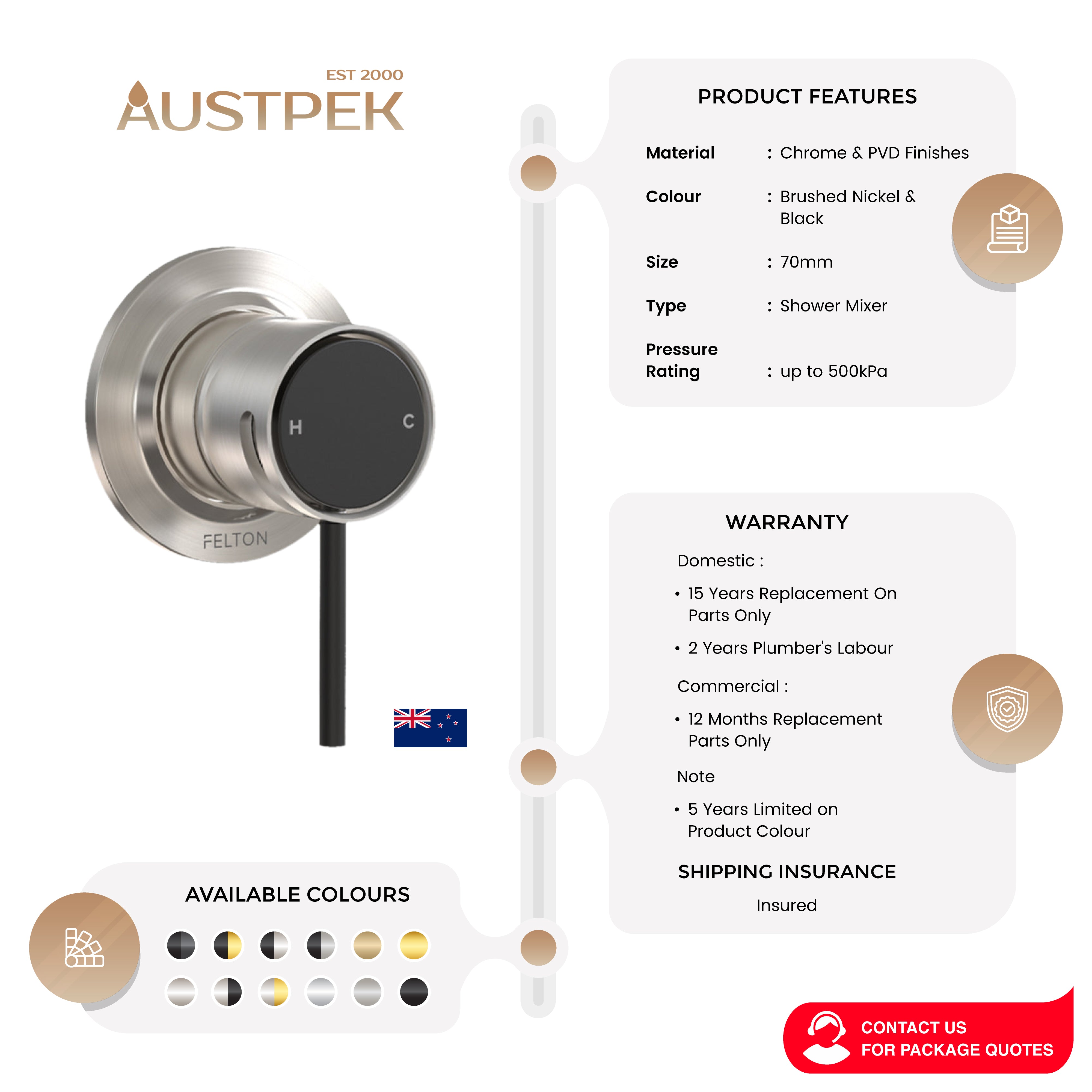 FELTON TATE SHOWER MIXER BRUSHED NICKEL AND BLACK