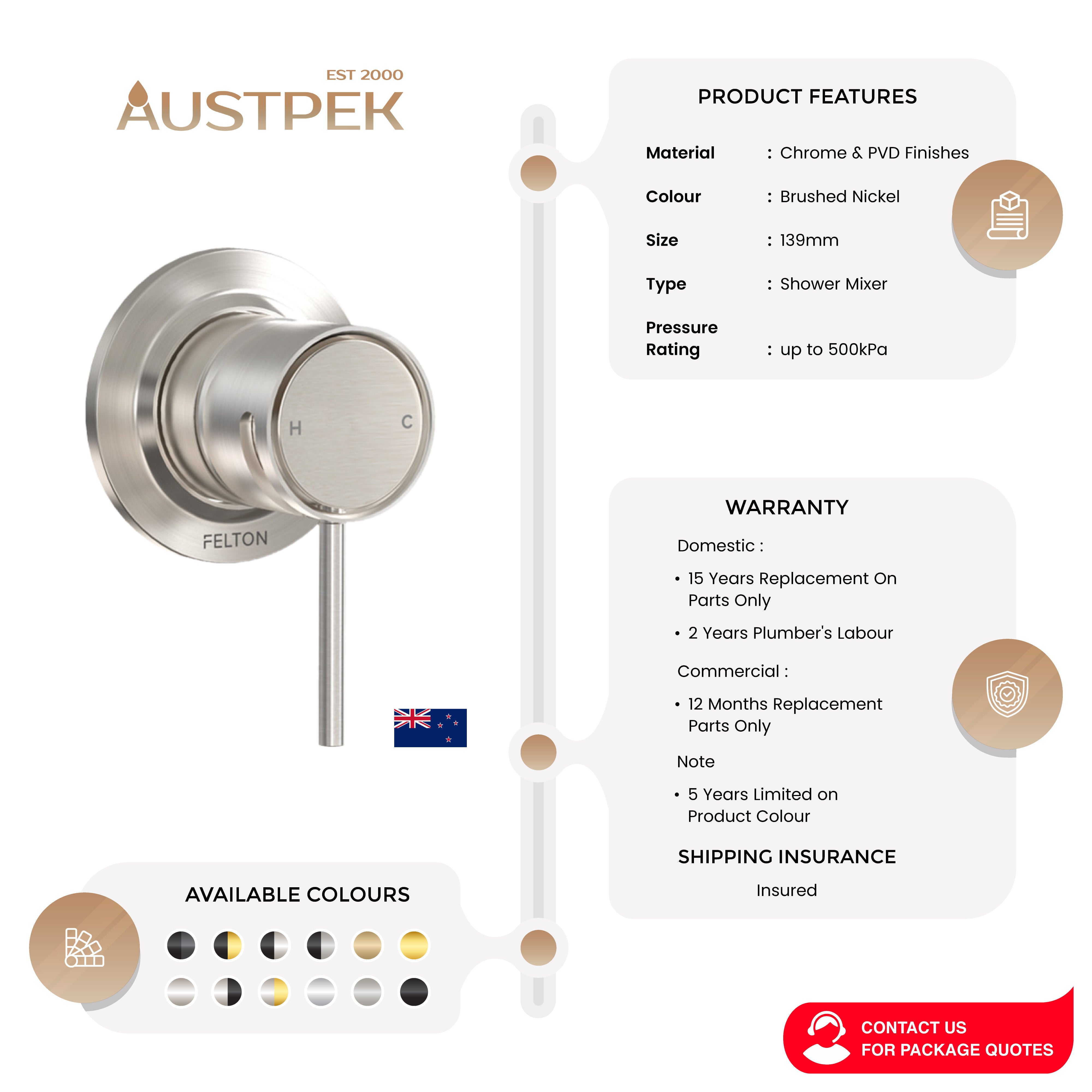 FELTON TATE SHOWER MIXER BRUSHED NICKEL