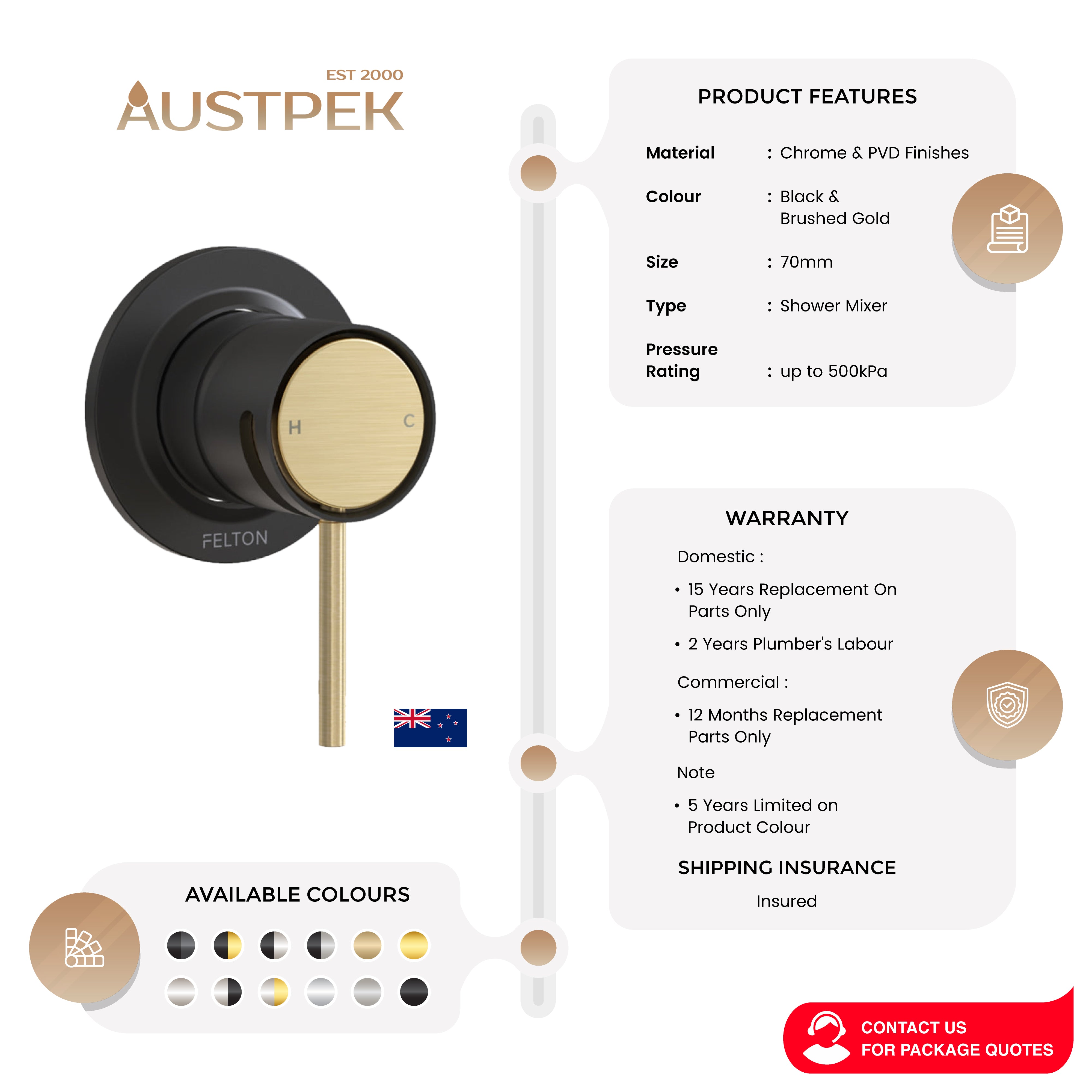 FELTON TATE SHOWER MIXER BLACK AND BRUSHED GOLD