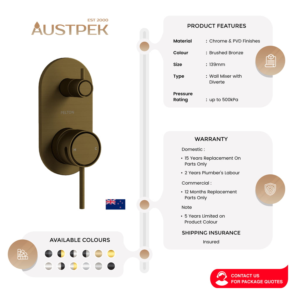 FELTON TATE DIVERTER MIXER 139MM BRUSHED BRONZE